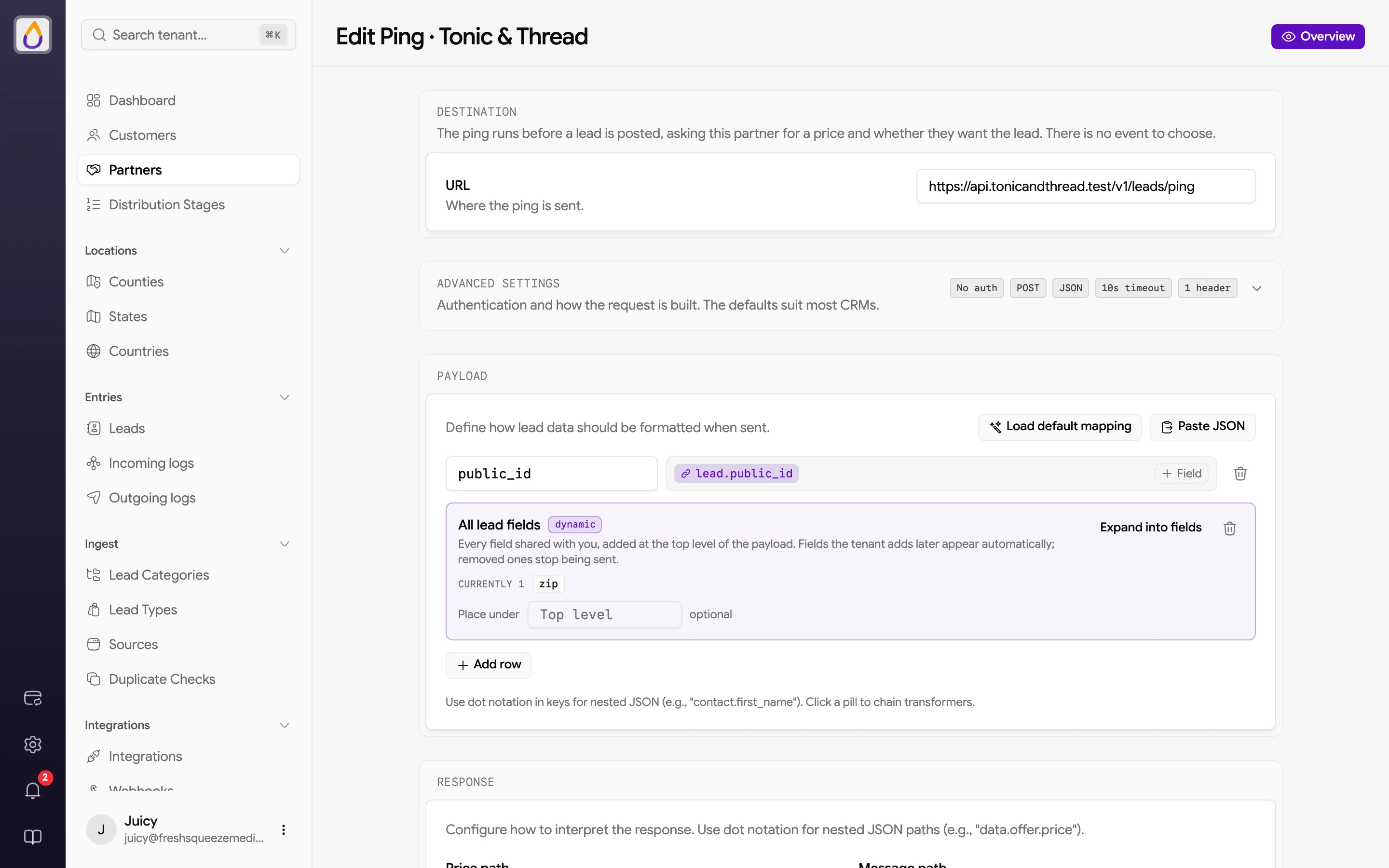 Edit Ping page with Destination URL, collapsed Advanced settings showing no auth, POST, JSON, 10s timeout, and one header, a Payload mapping, and the start of the Response section