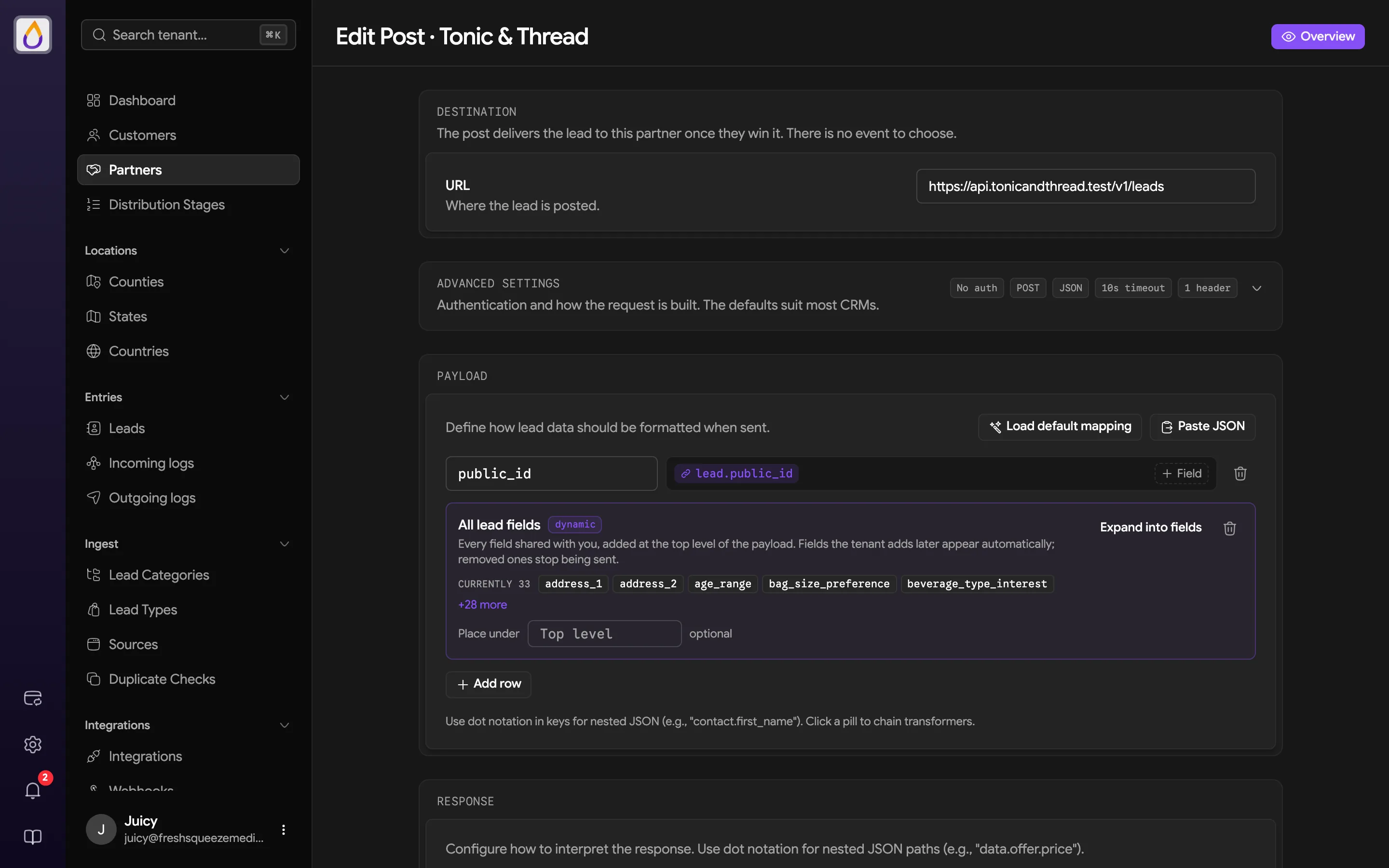 Edit Post page for a partner with the post Destination URL, Advanced settings, and Payload mapping