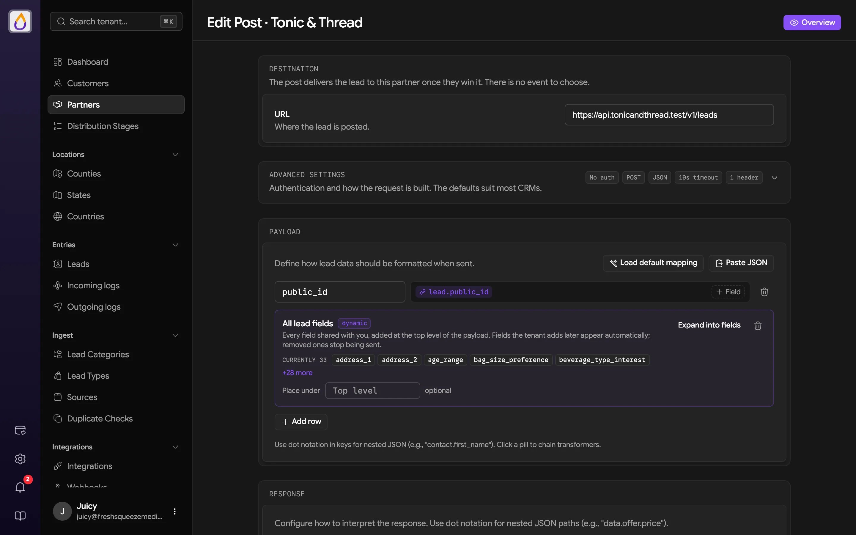 Edit Post page for a partner with the post Destination URL, Advanced settings, and Payload mapping