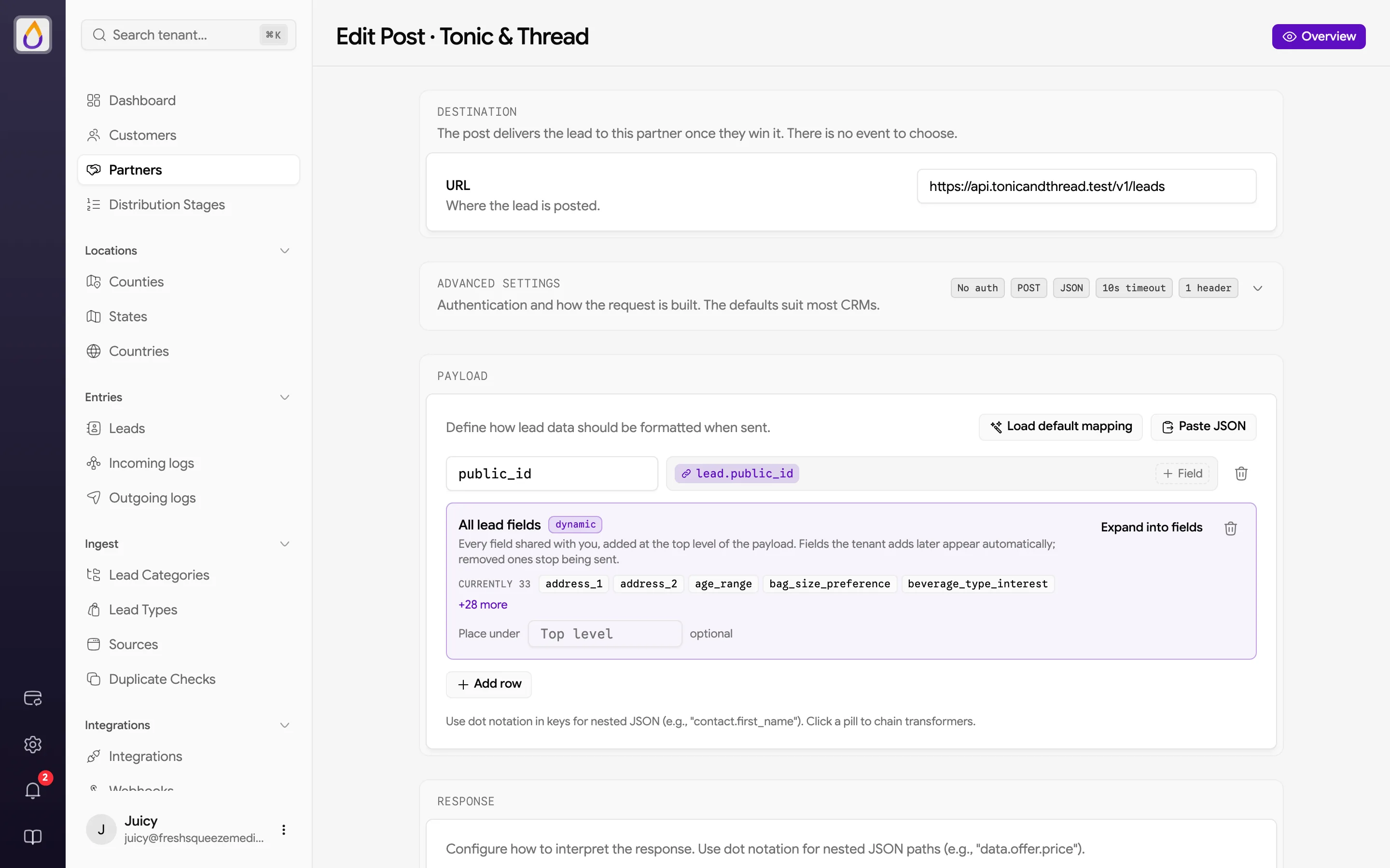 Edit Post page for a partner with the post Destination URL, Advanced settings, and Payload mapping