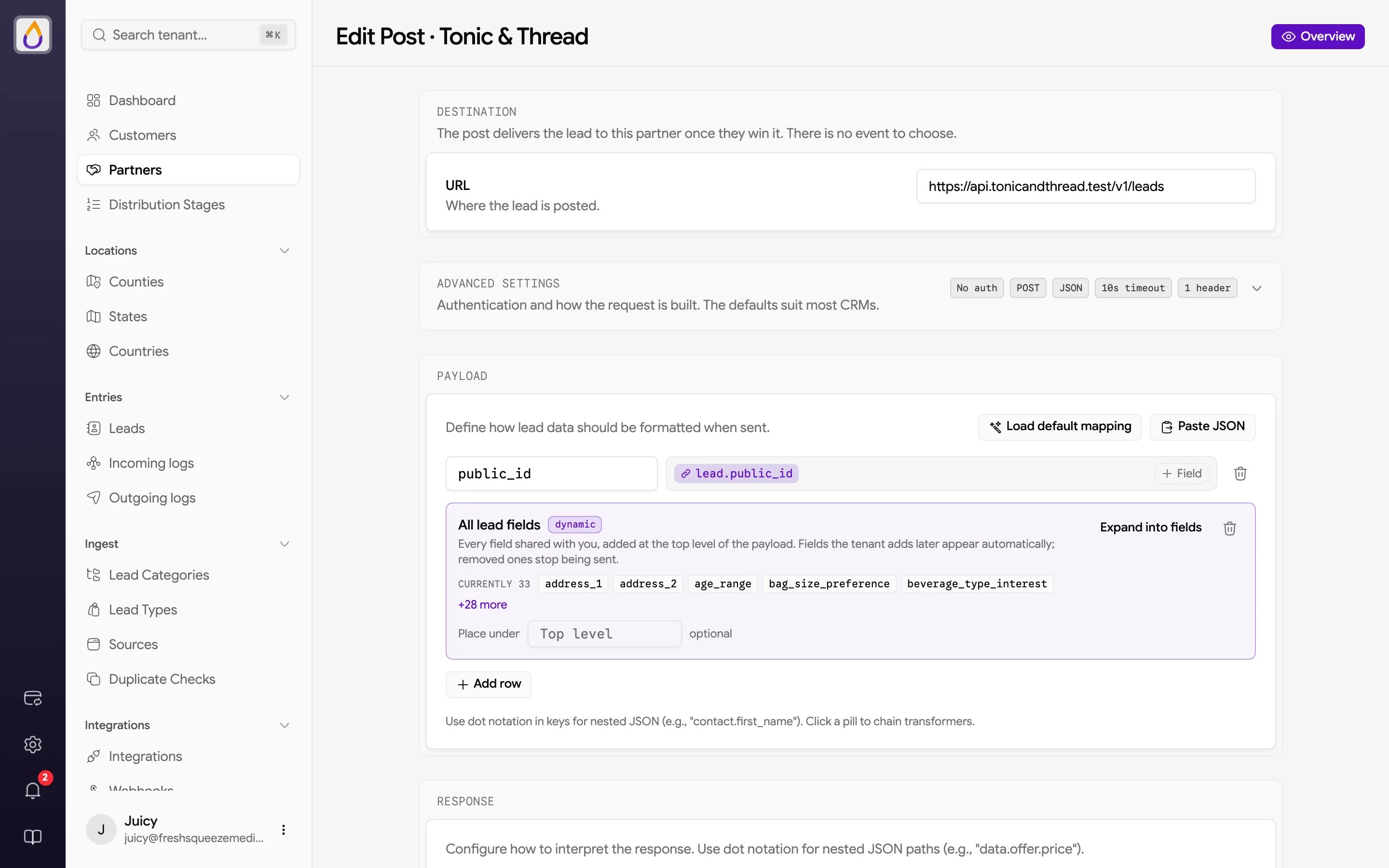 Edit Post page for a partner with the post Destination URL, Advanced settings, and Payload mapping