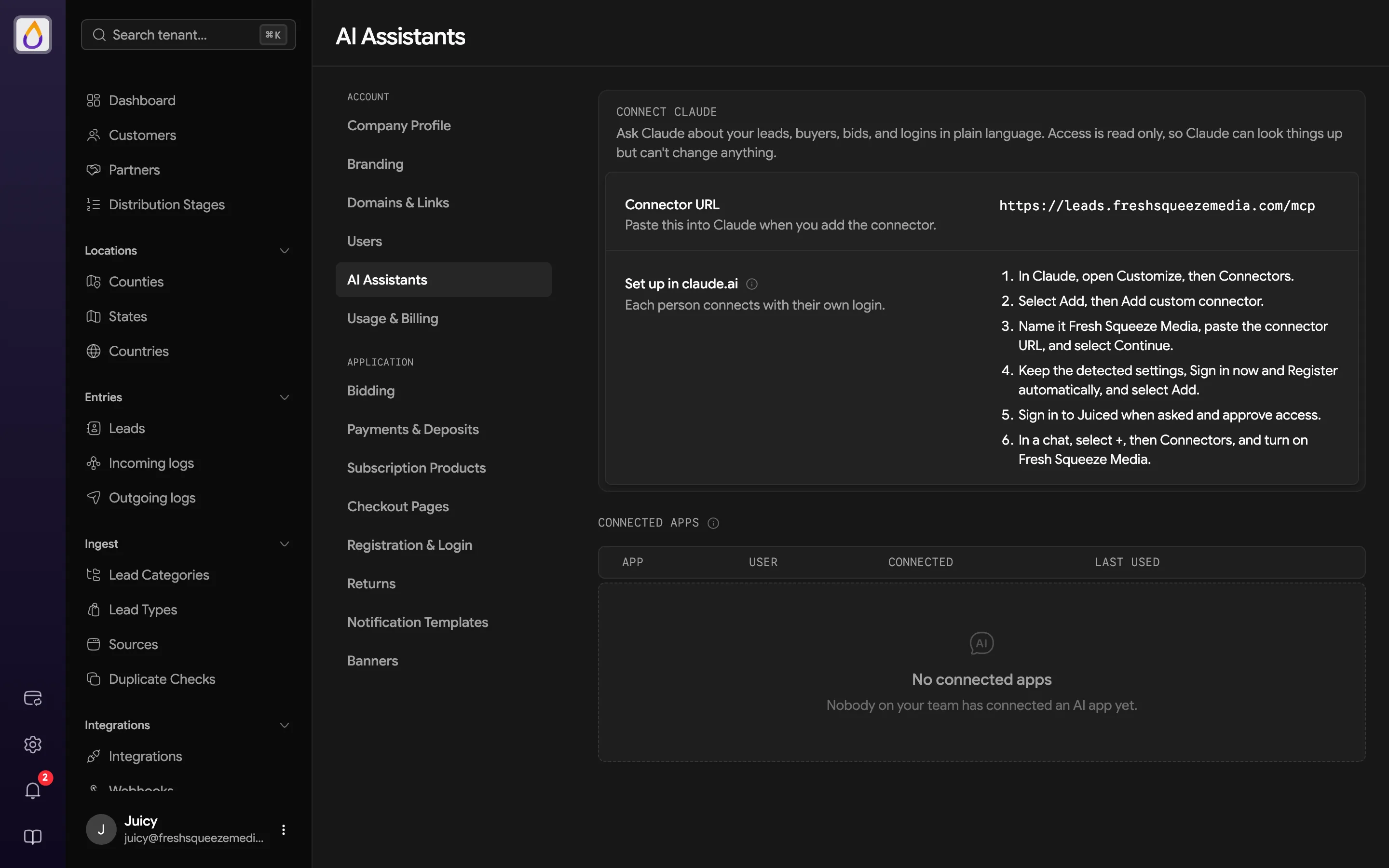 AI Assistants settings page with the Connector URL, six numbered steps for setting up the connector in claude.ai, and an empty Connected apps table