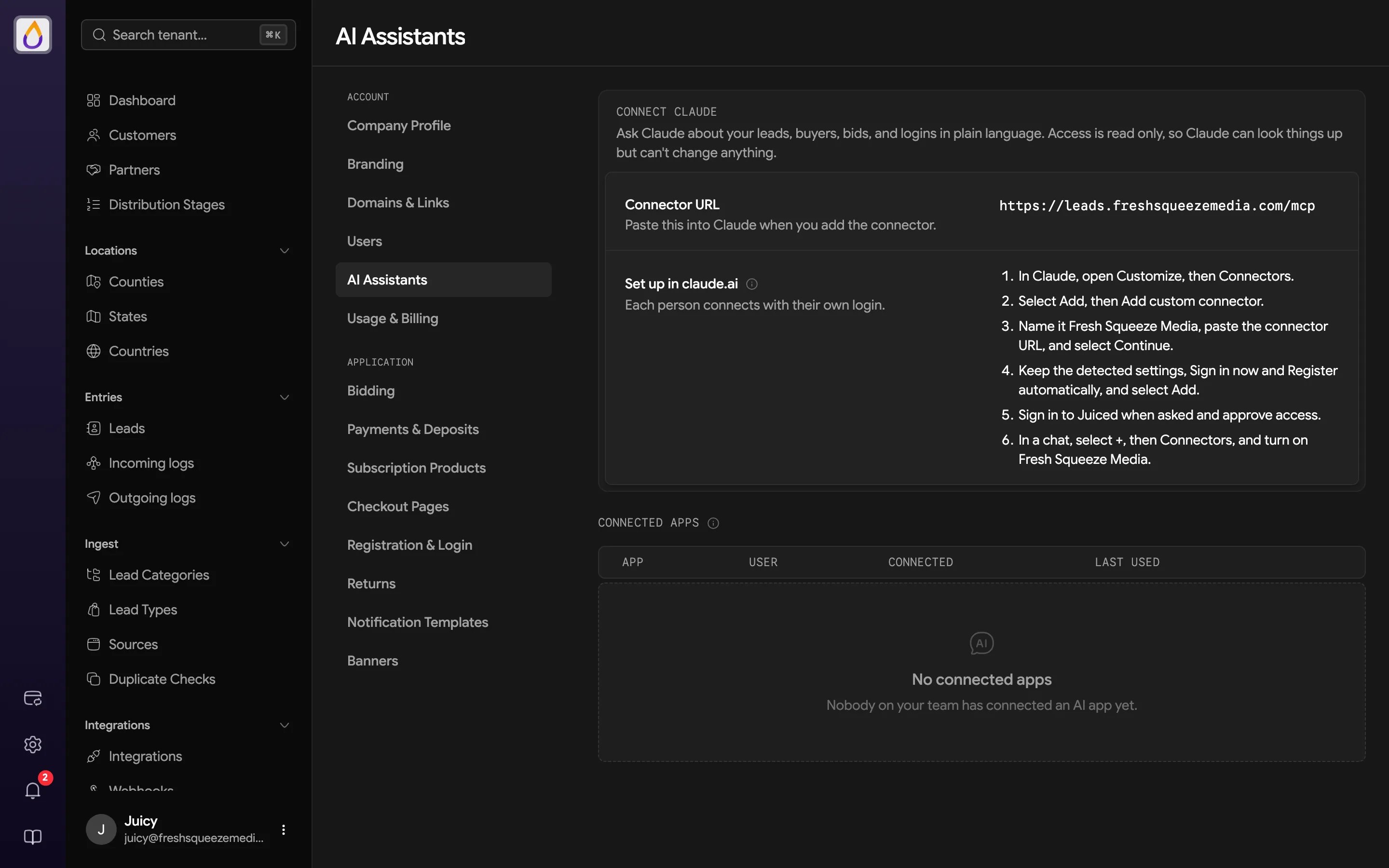 AI Assistants settings page with the Connector URL, six numbered steps for setting up the connector in claude.ai, and an empty Connected apps table