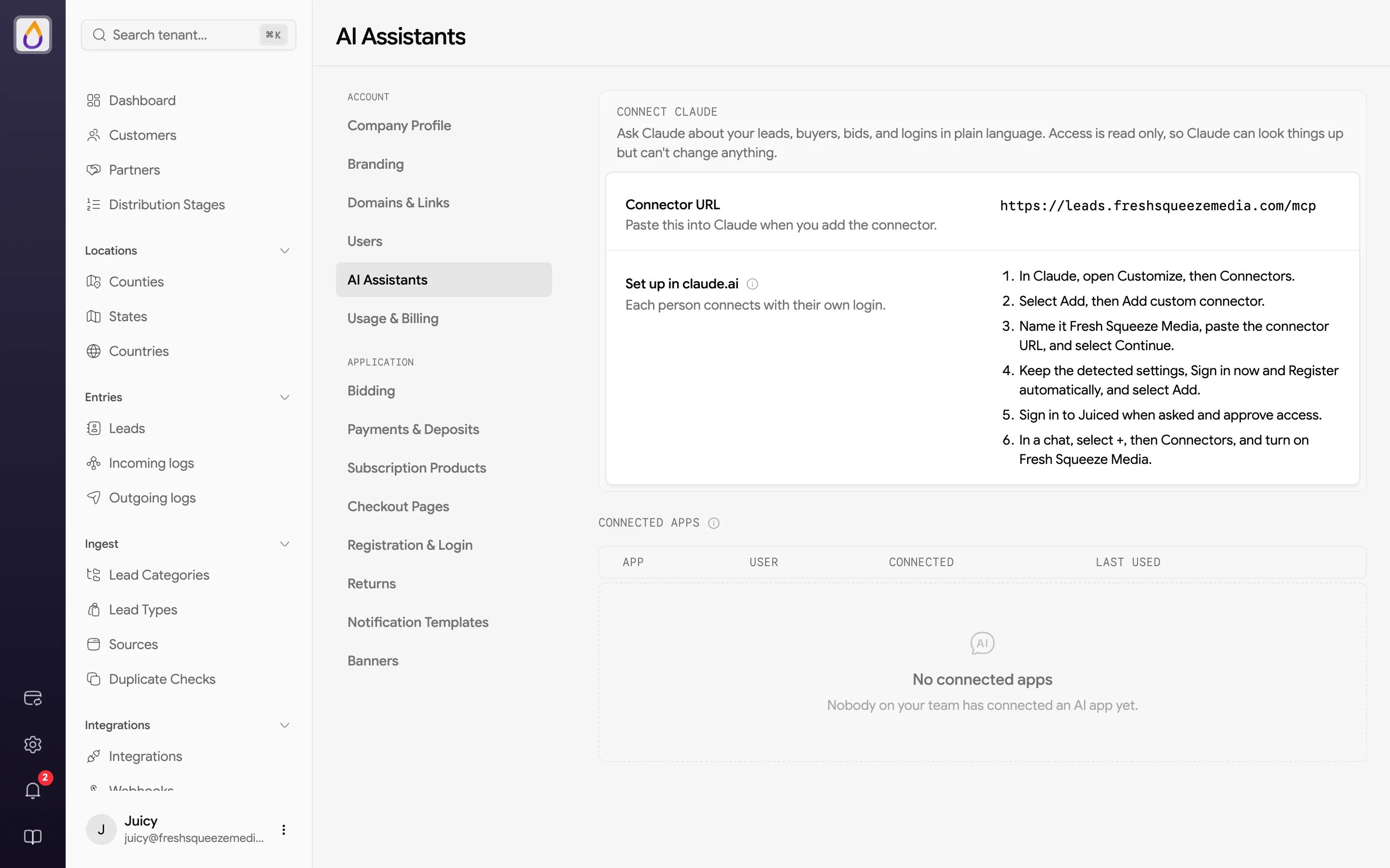 AI Assistants settings page with the Connector URL, six numbered steps for setting up the connector in claude.ai, and an empty Connected apps table