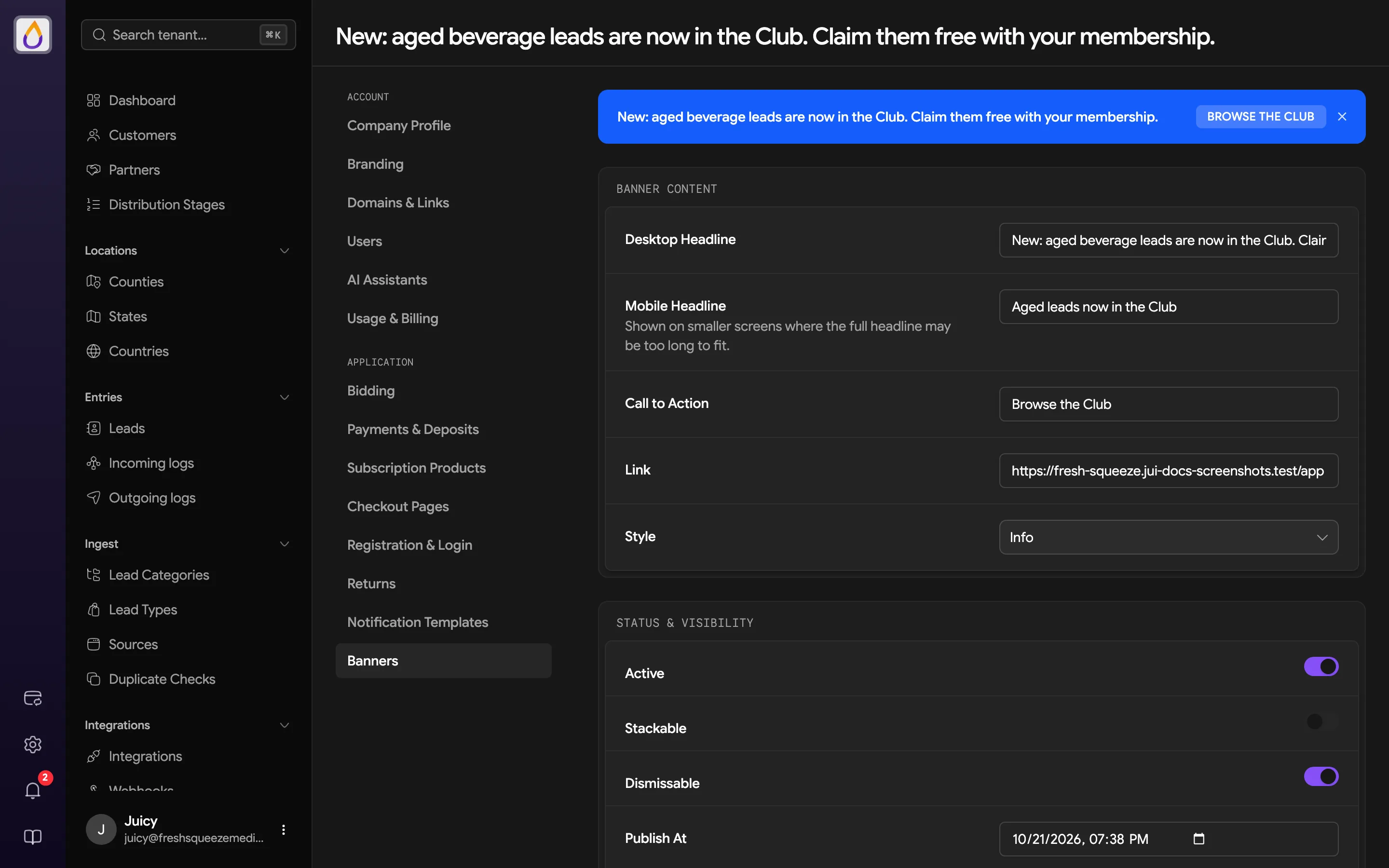 Banner form with a live preview at the top, then Banner Content, Status & Visibility, and Conditions sections
