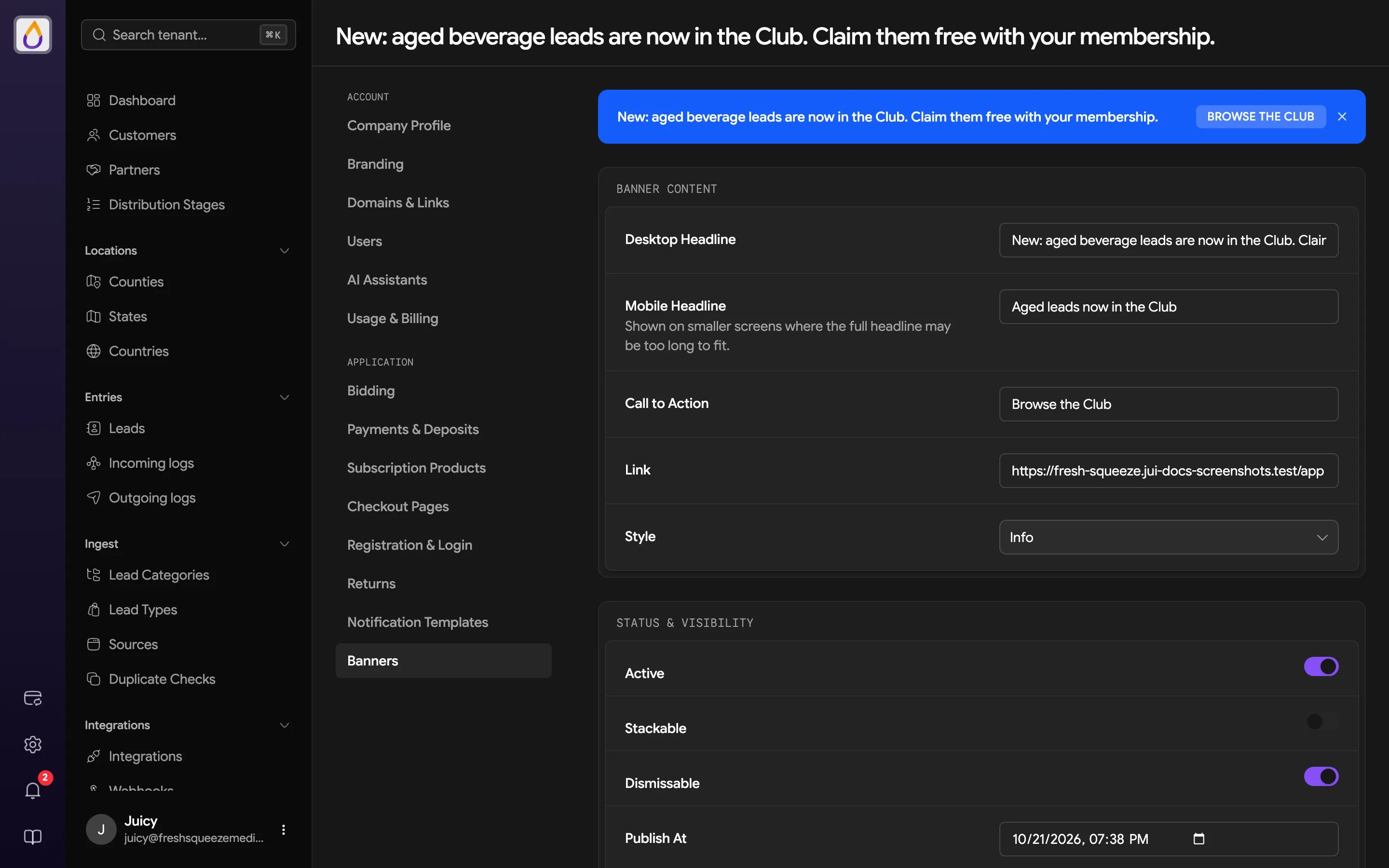 Banner form with a live preview at the top, then Banner Content, Status & Visibility, and Conditions sections