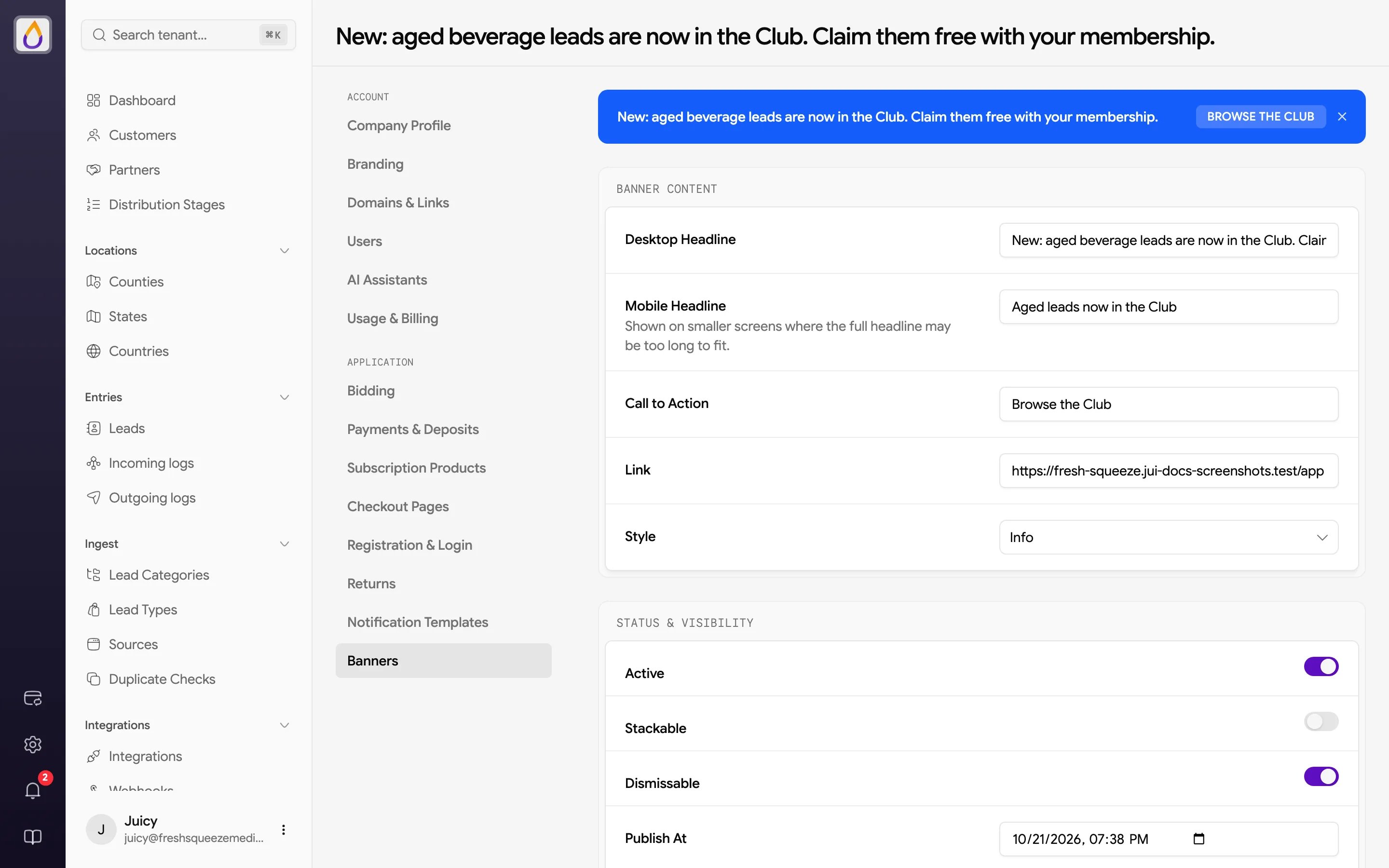 Banner form with a live preview at the top, then Banner Content, Status & Visibility, and Conditions sections
