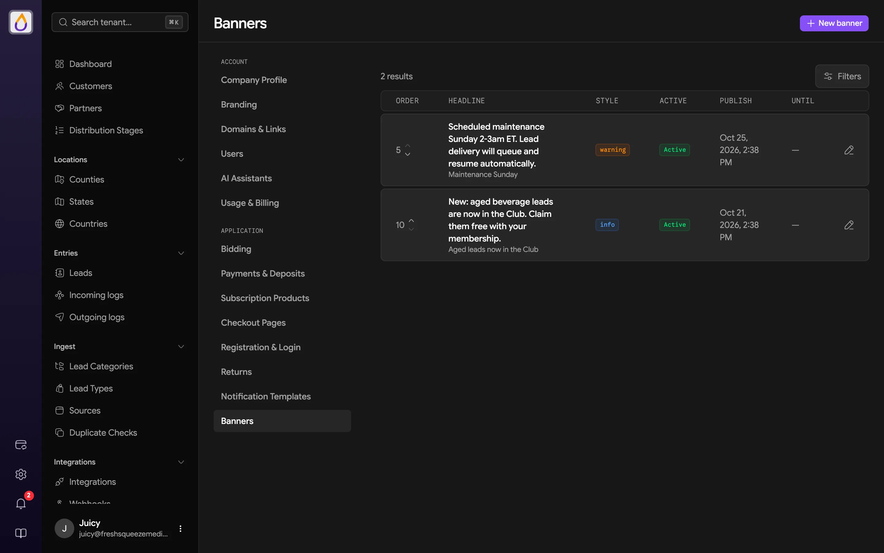 Banners settings page listing banners in order with headline, style, active state, and publish and until dates