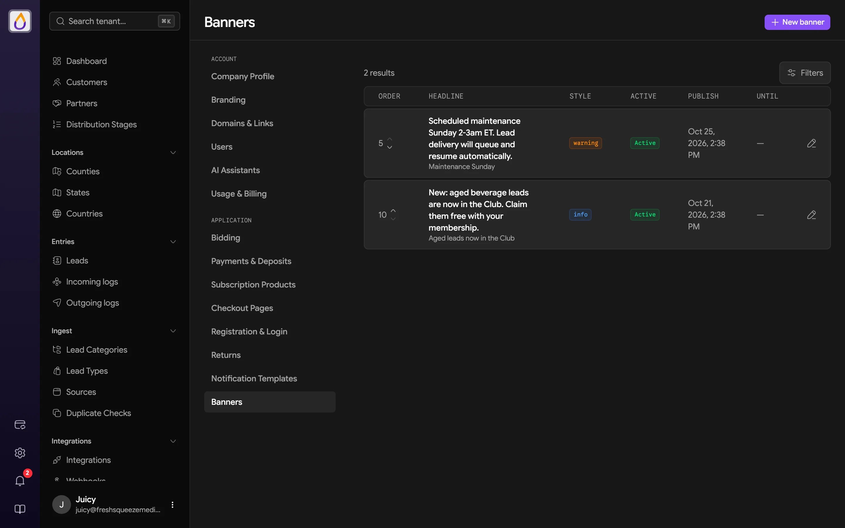 Banners settings page listing banners in order with headline, style, active state, and publish and until dates