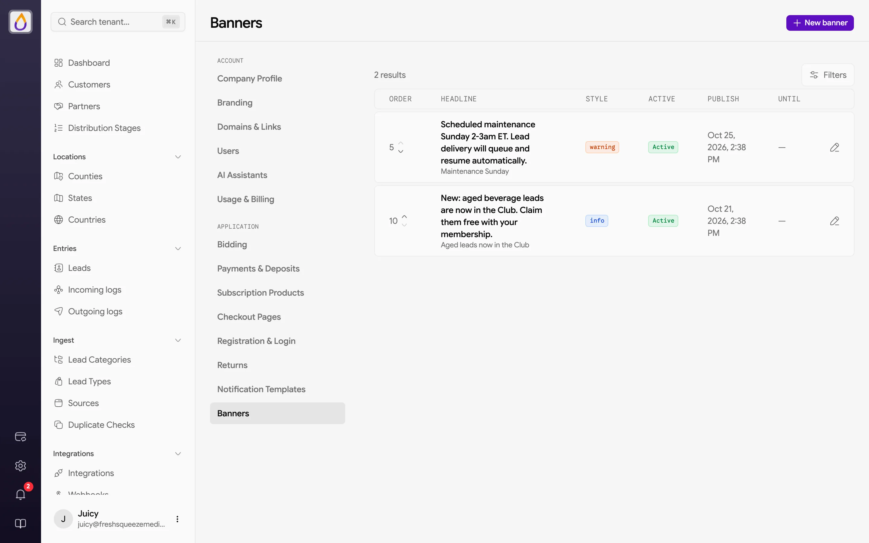 Banners settings page listing banners in order with headline, style, active state, and publish and until dates