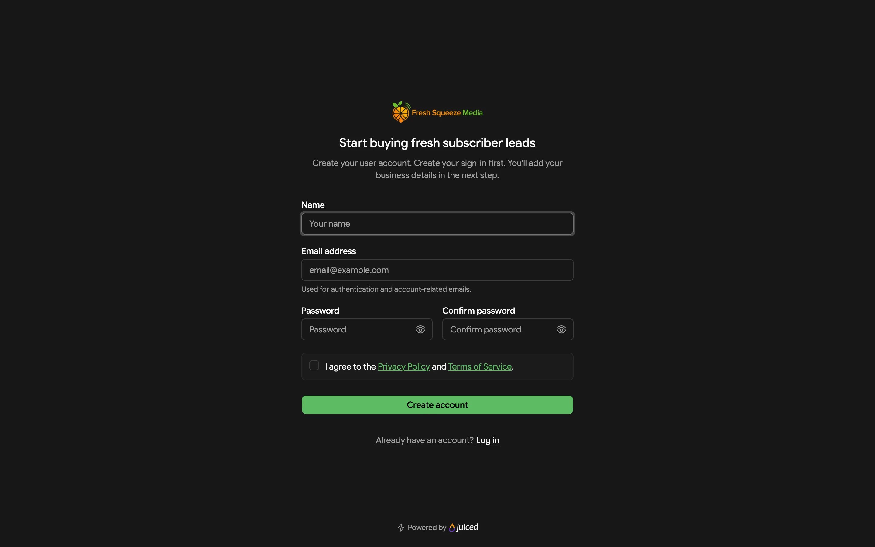 Sign-up form with name, email address, password, and confirm password fields