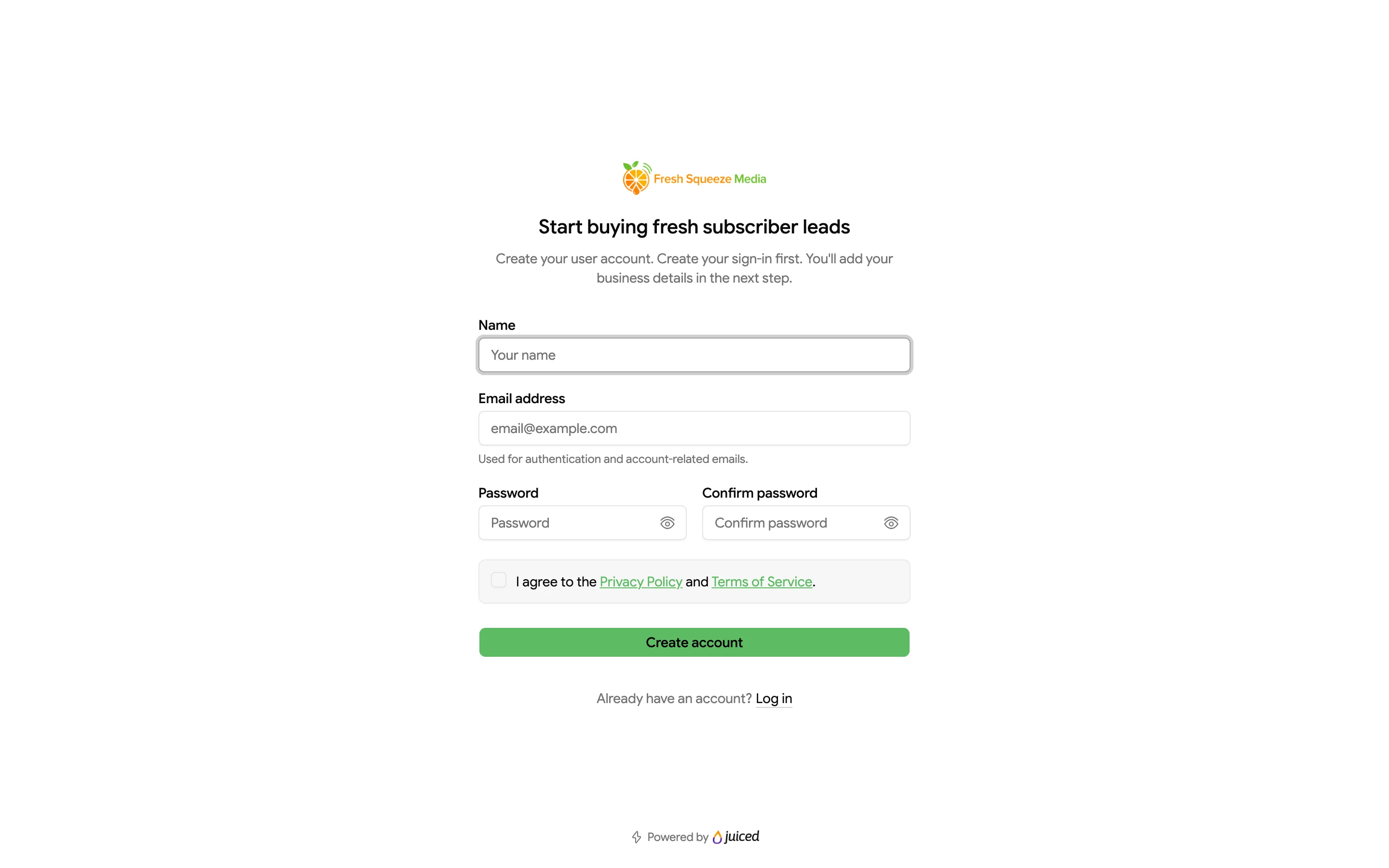 Sign-up form with name, email address, password, and confirm password fields