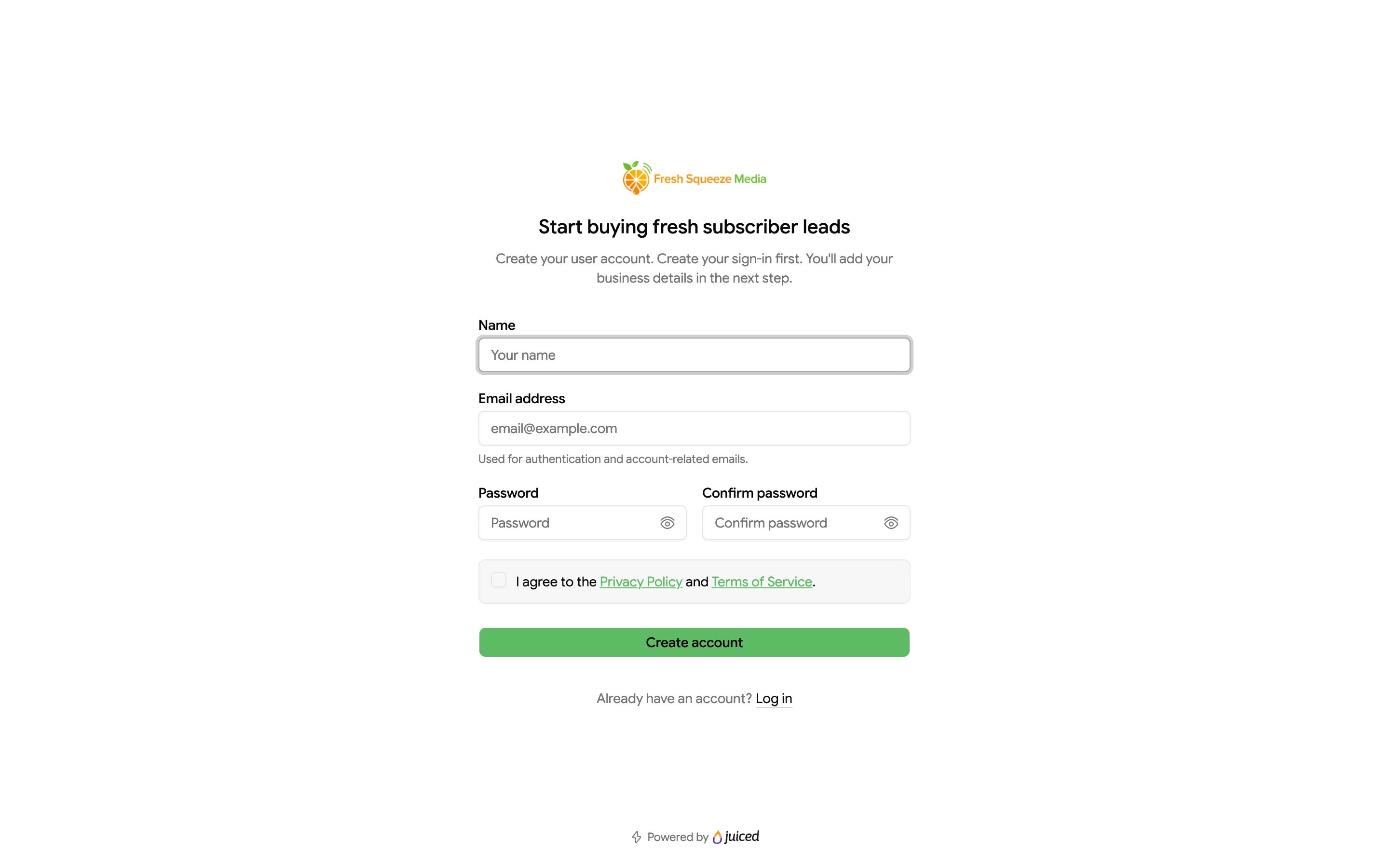 Sign-up form with name, email address, password, and confirm password fields