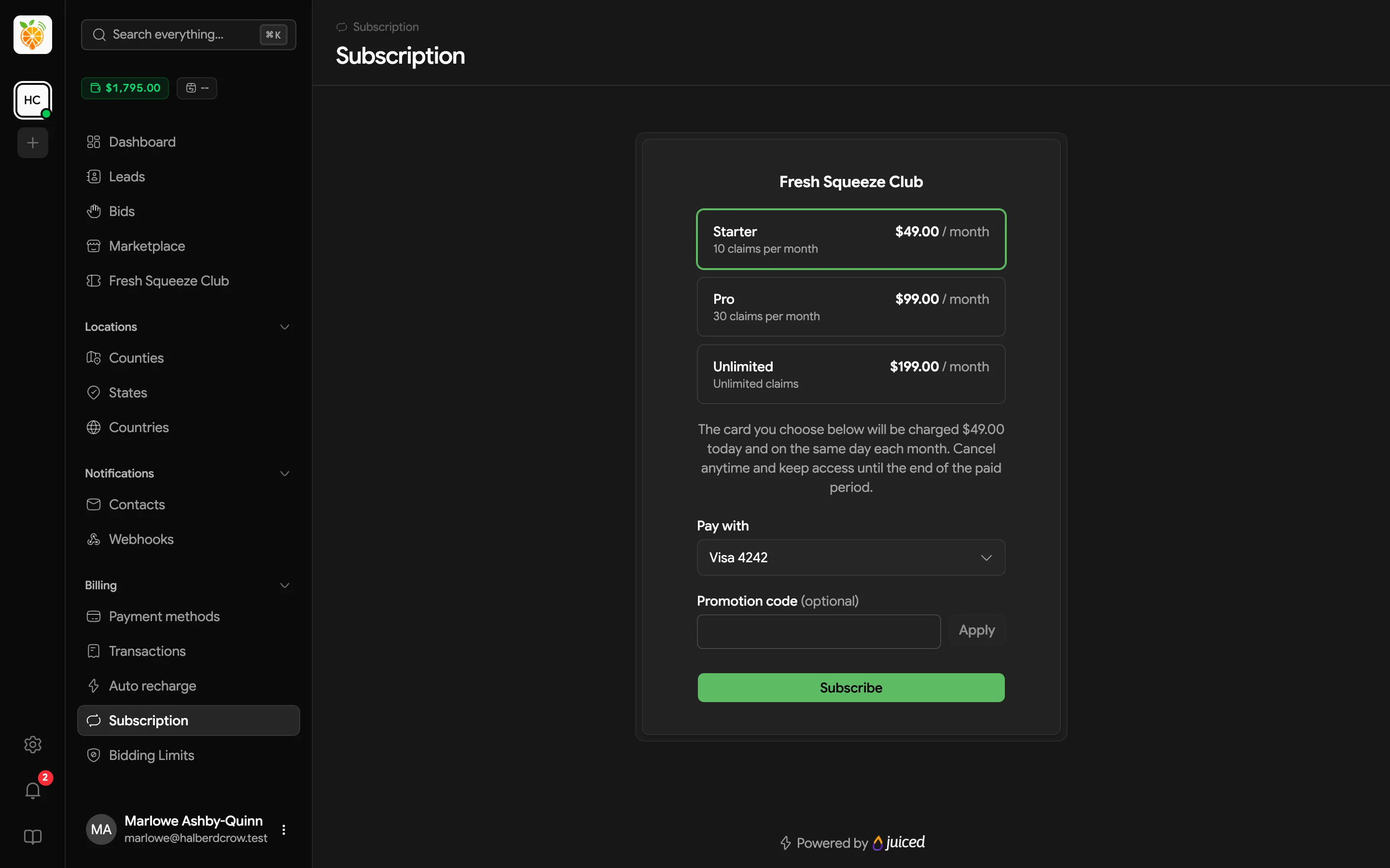 Subscription page for the Fresh Squeeze Club with Starter, Pro, and Unlimited plans, a Pay with card menu, a Promotion code field with an Apply button, and a Subscribe button