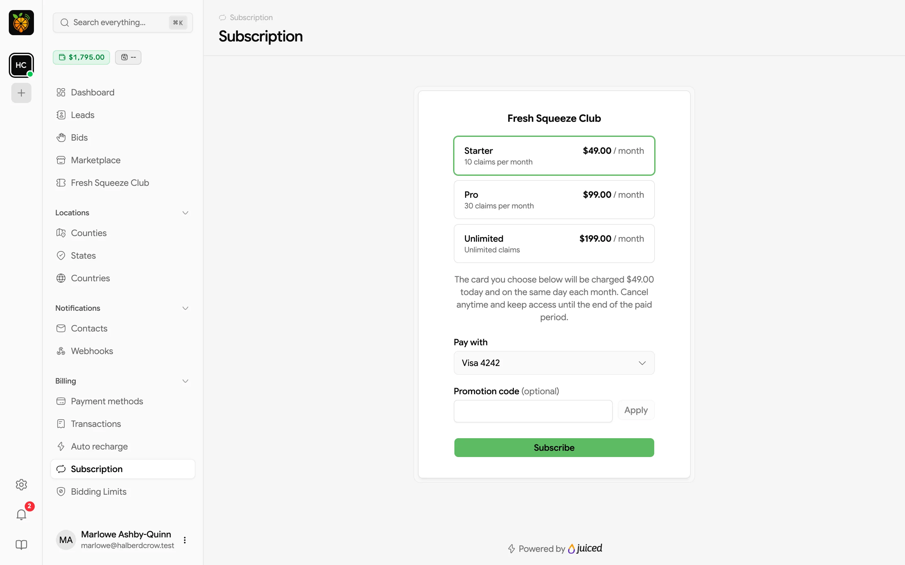 Subscription page for the Fresh Squeeze Club with Starter, Pro, and Unlimited plans, a Pay with card menu, a Promotion code field with an Apply button, and a Subscribe button