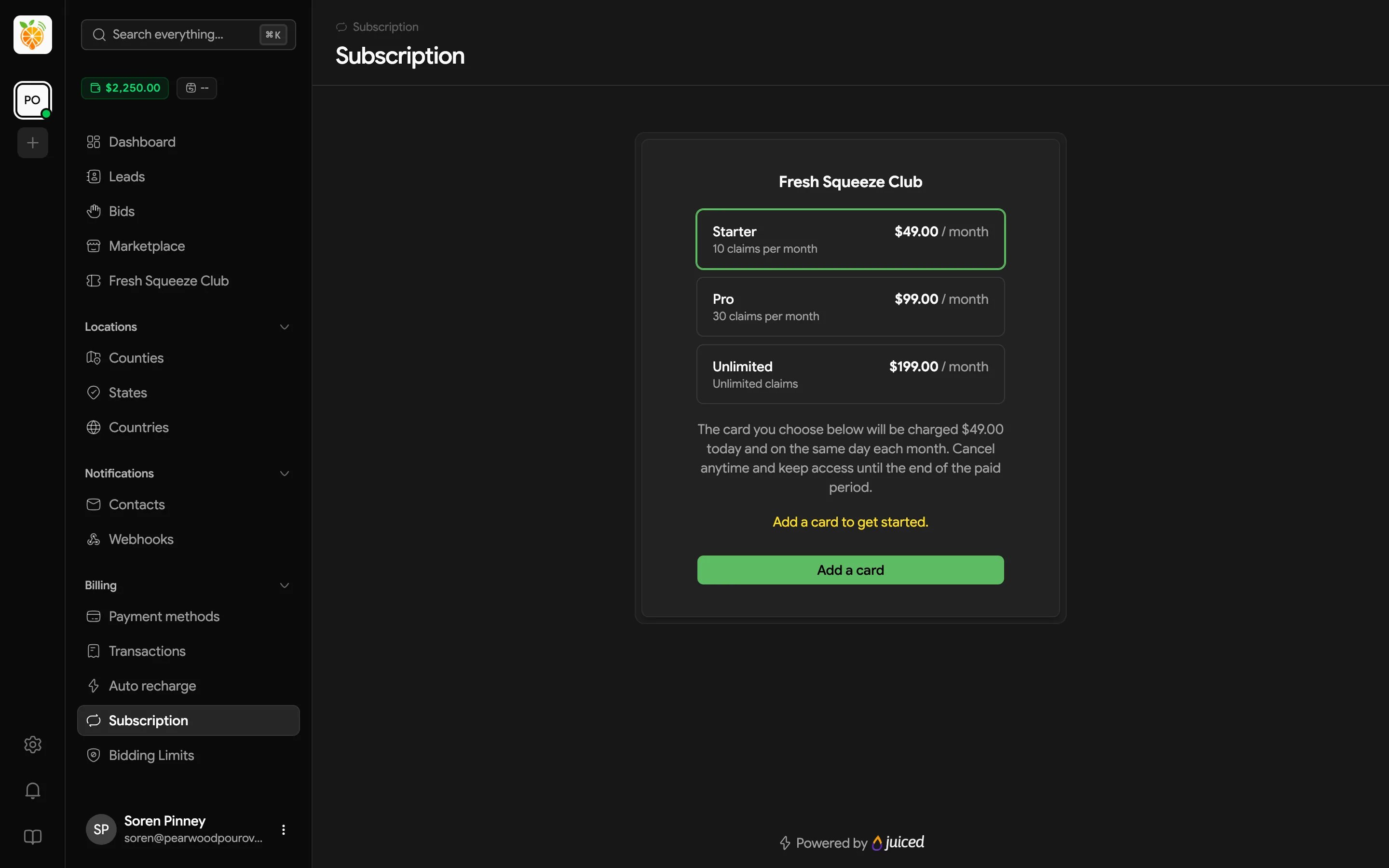 Subscription page with three plans and an Add a card button because no card is saved