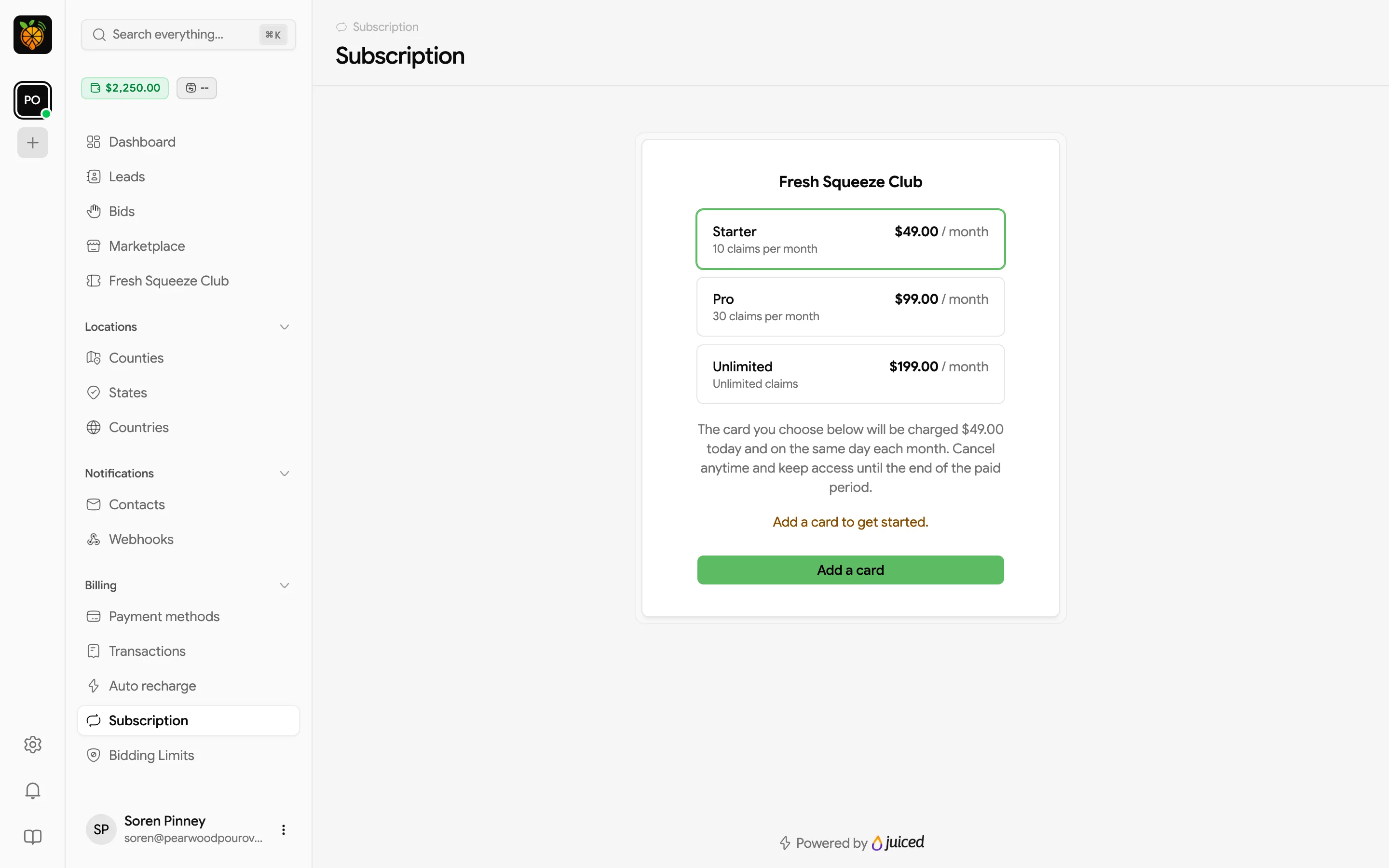 Subscription page with three plans and an Add a card button because no card is saved