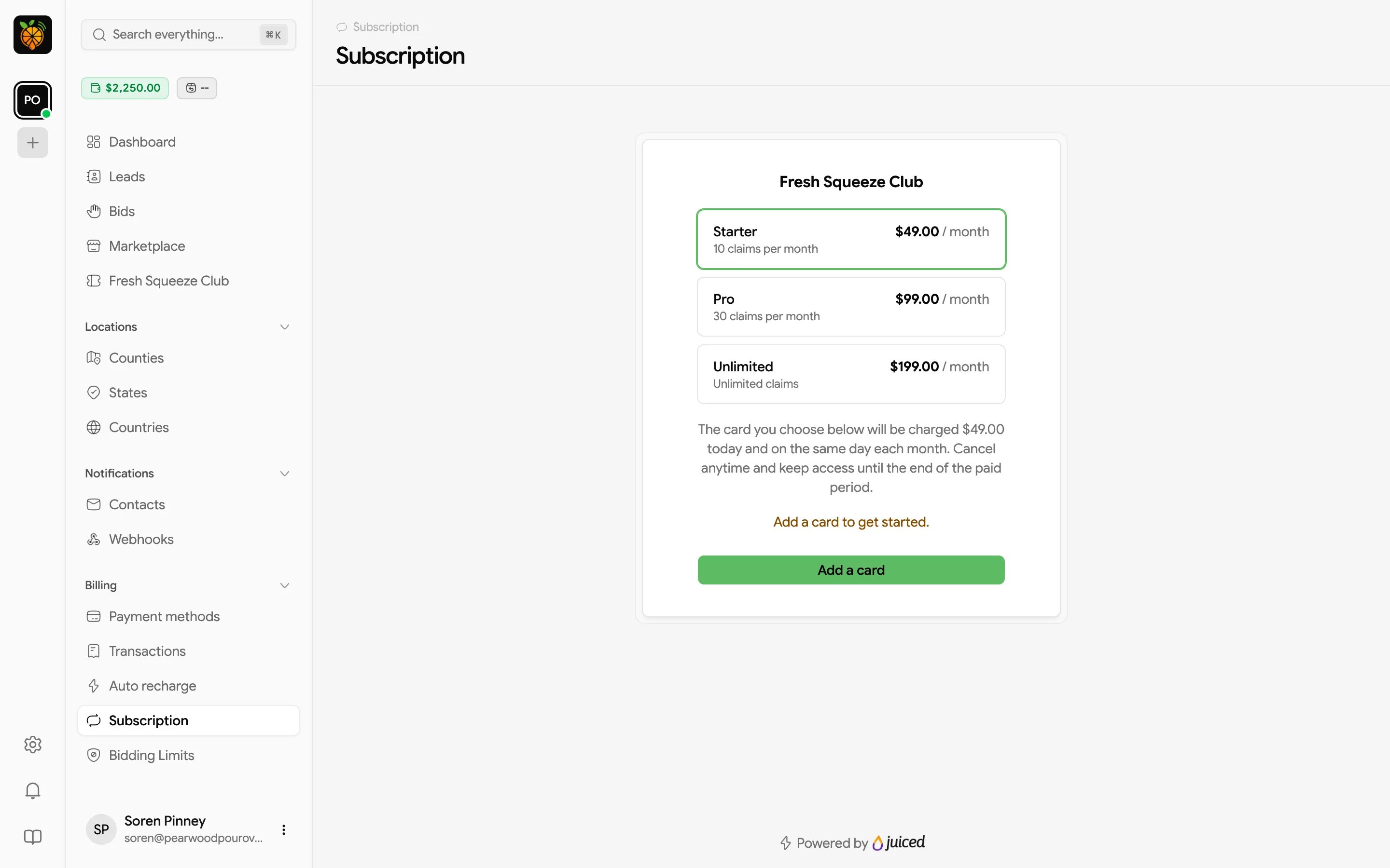 Subscription page with three plans and an Add a card button because no card is saved