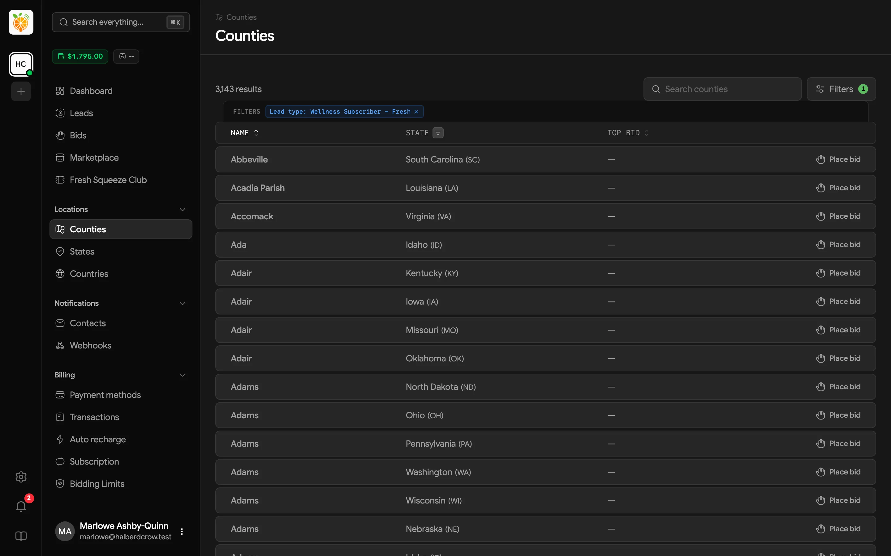 Counties page listing county names, their states, and the top bid for each, with a Place bid button on every row