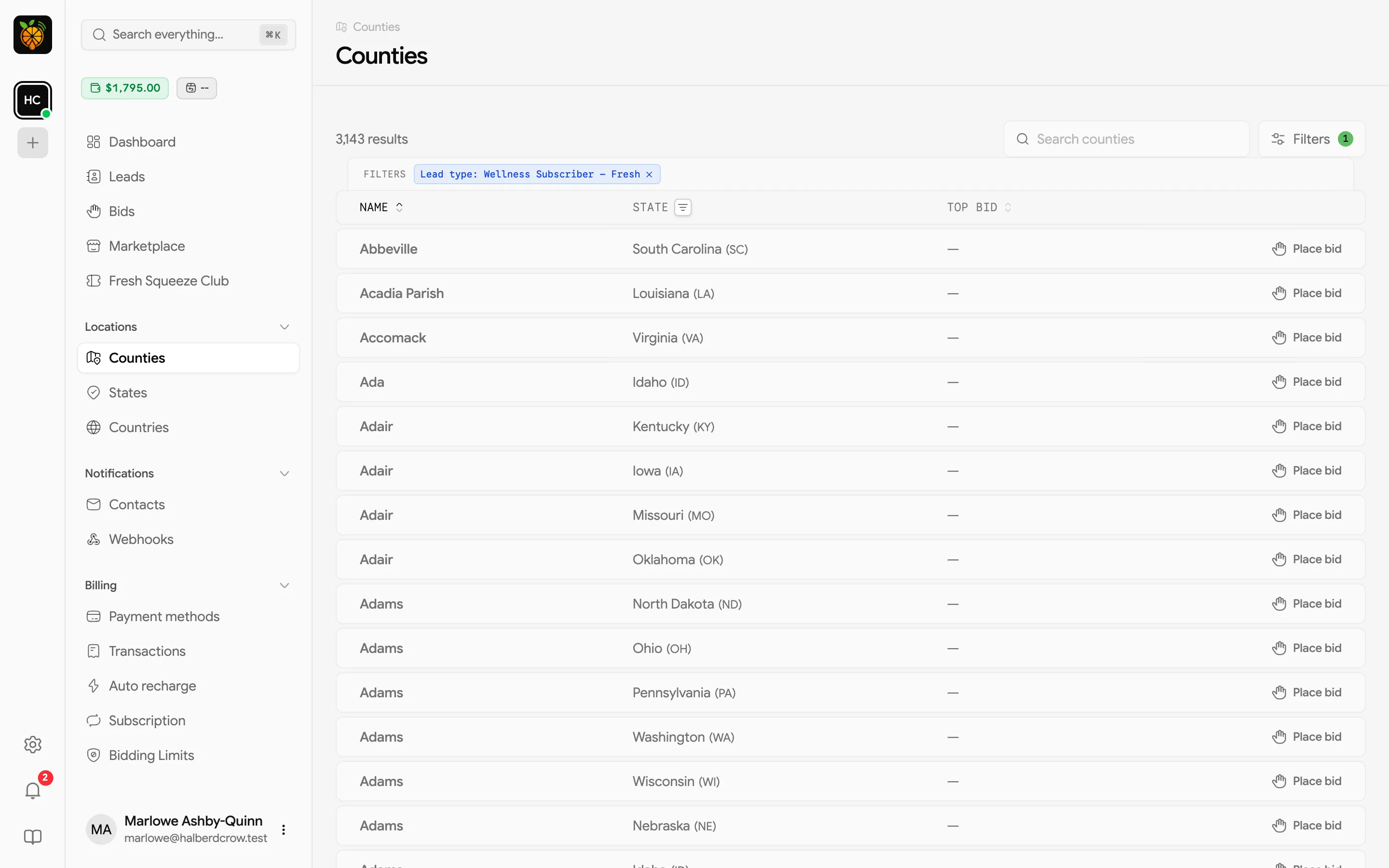 Counties page listing county names, their states, and the top bid for each, with a Place bid button on every row