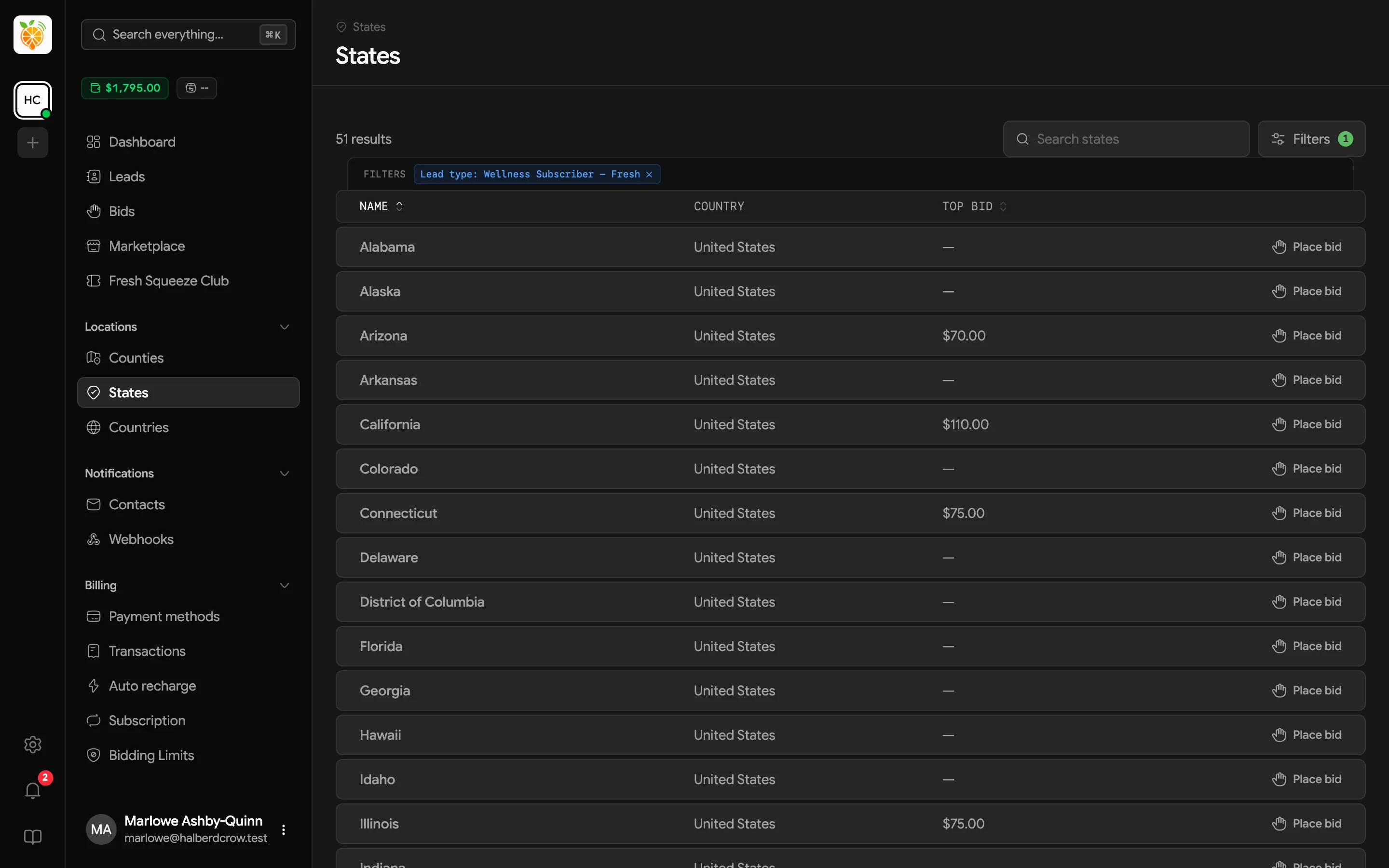 States page listing states, their country, and the top bid for each