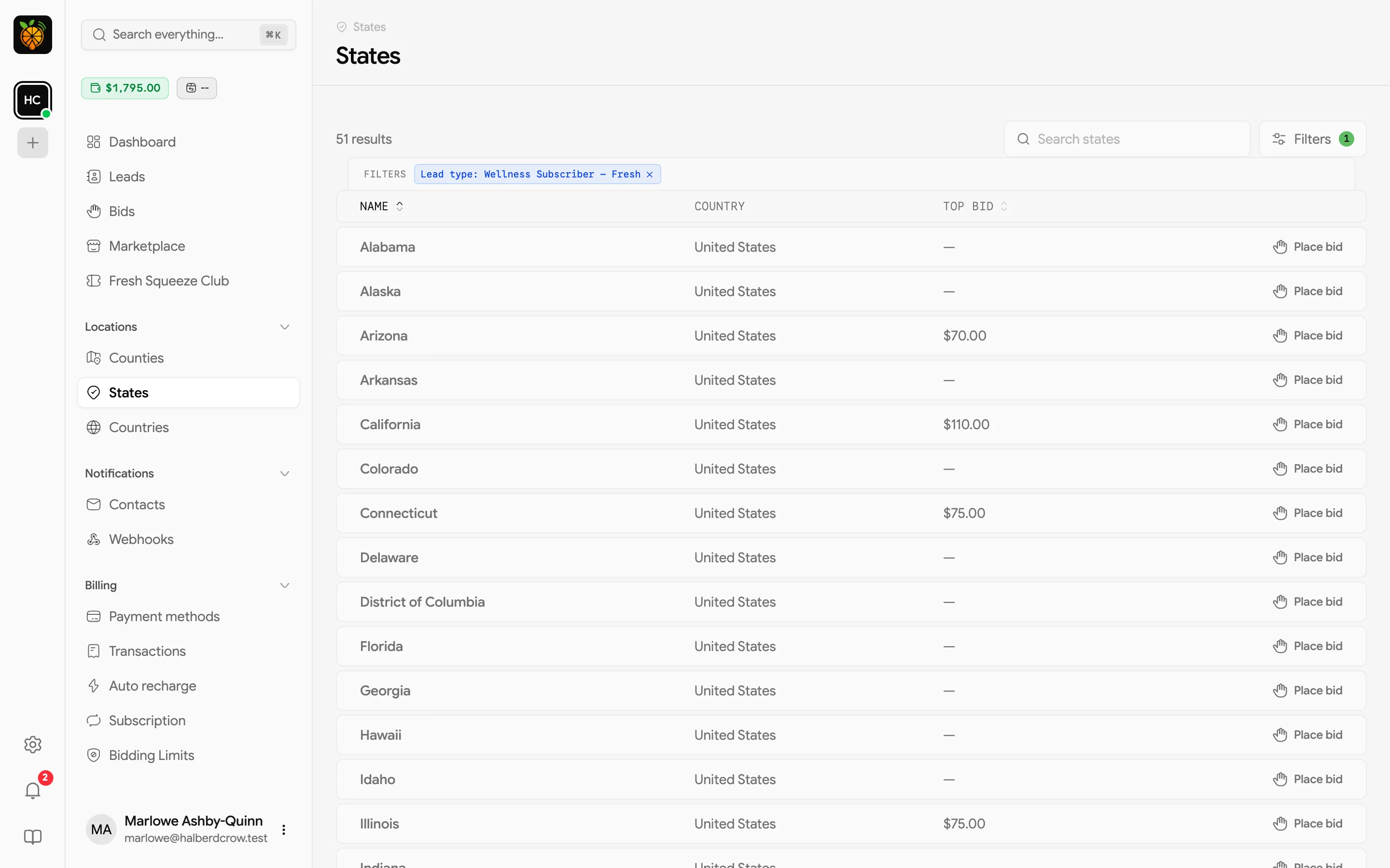 States page listing states, their country, and the top bid for each