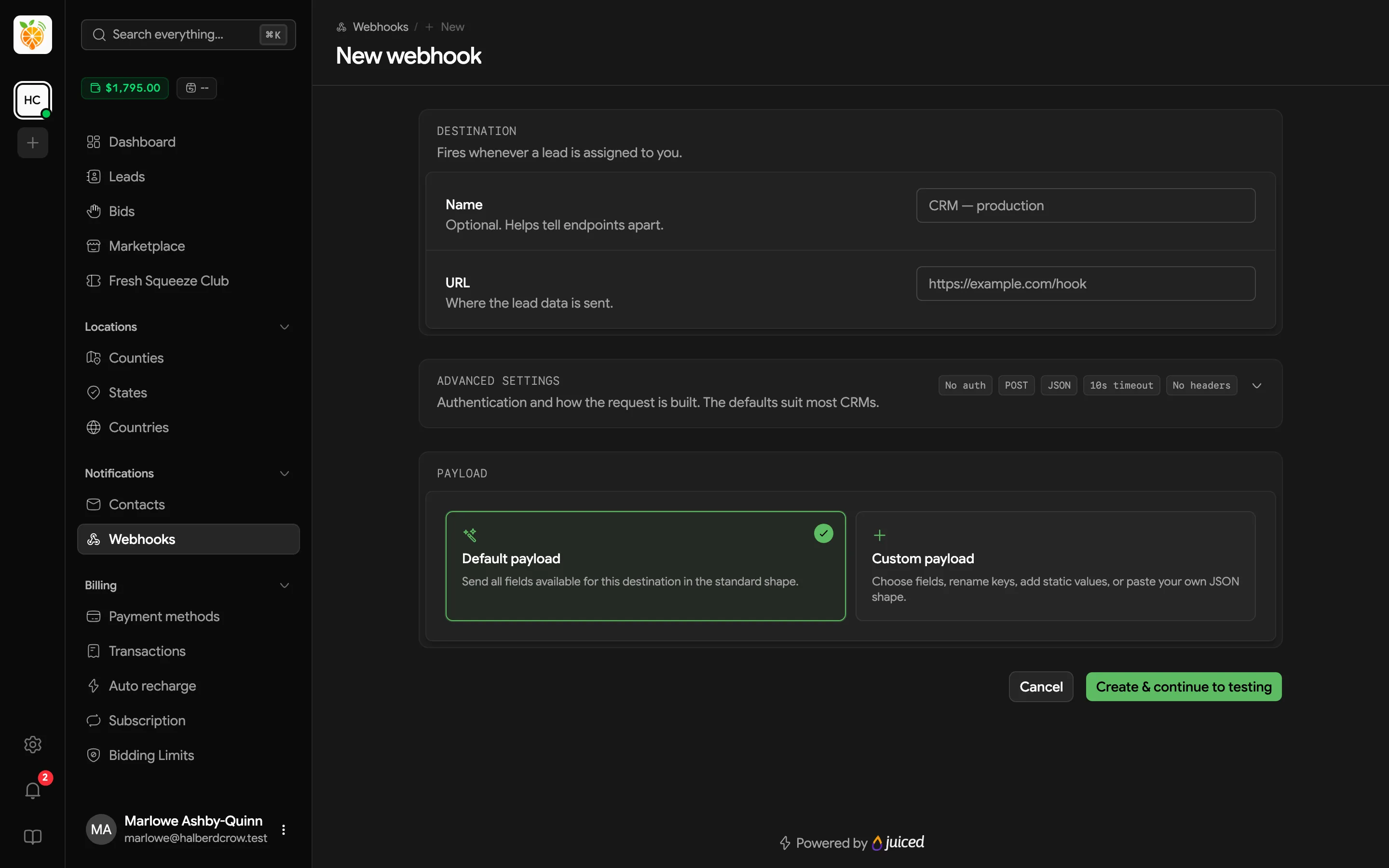 New webhook form with Destination, Advanced settings, and Payload sections