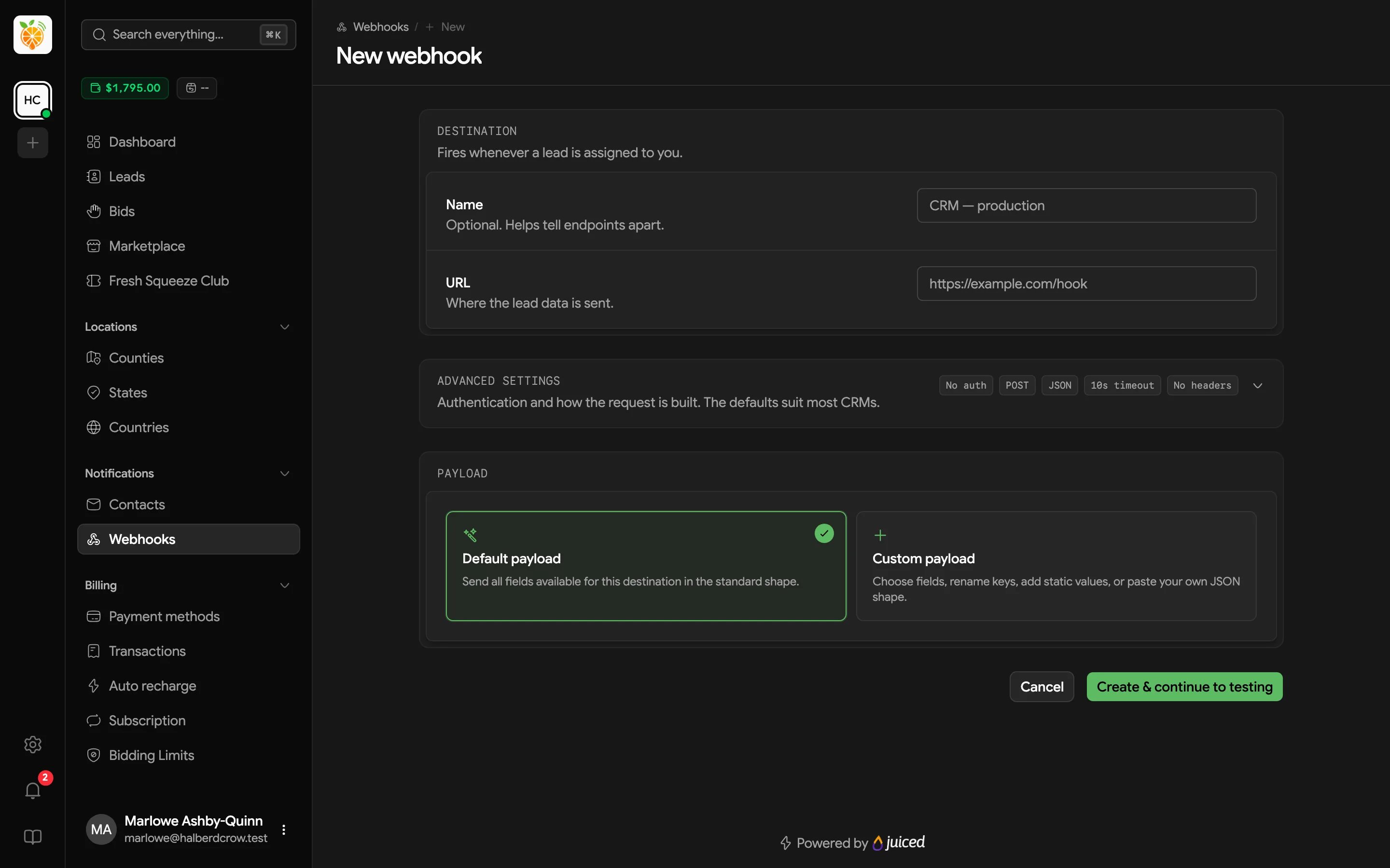 New webhook form with Destination, Advanced settings, and Payload sections