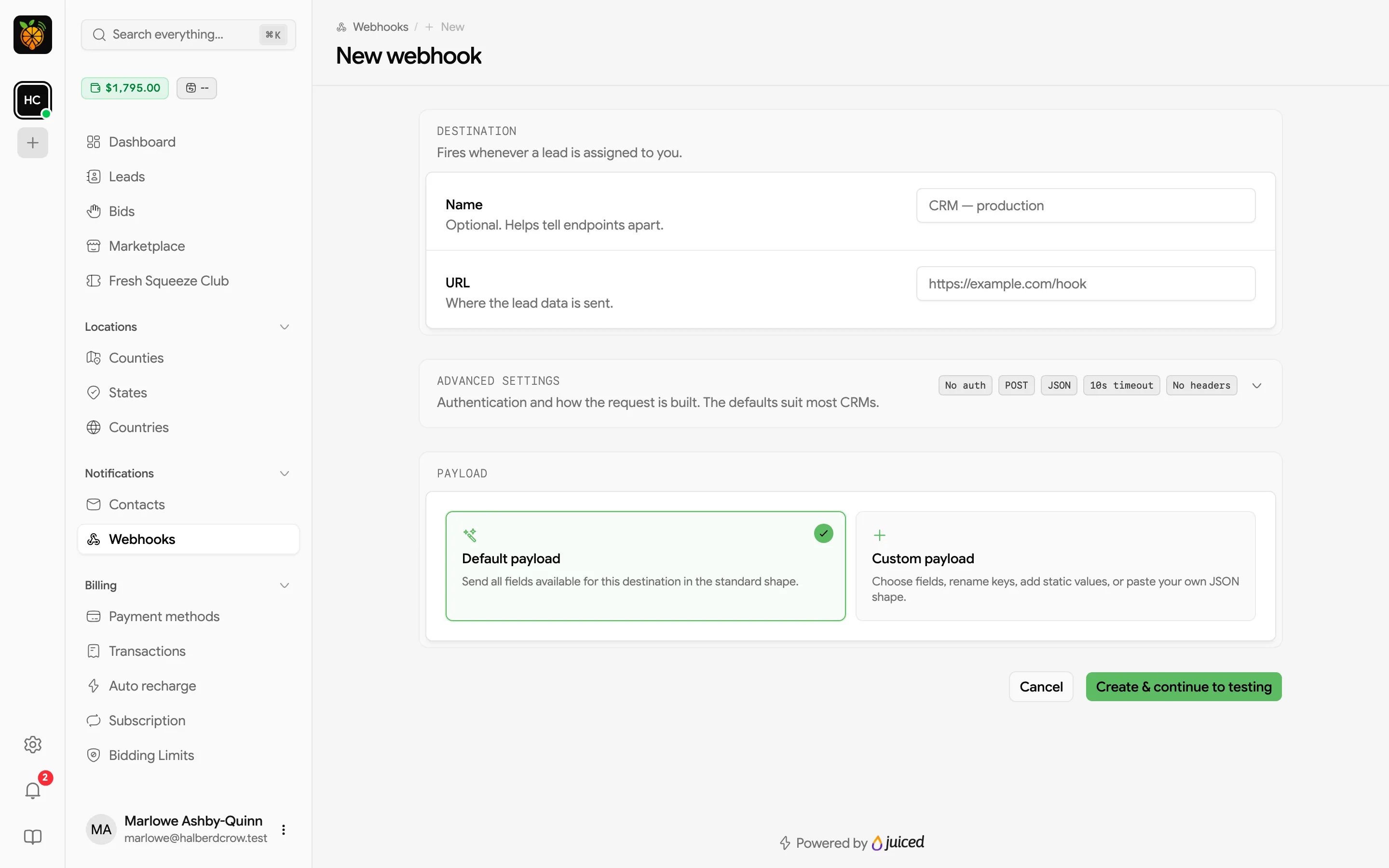 New webhook form with Destination, Advanced settings, and Payload sections