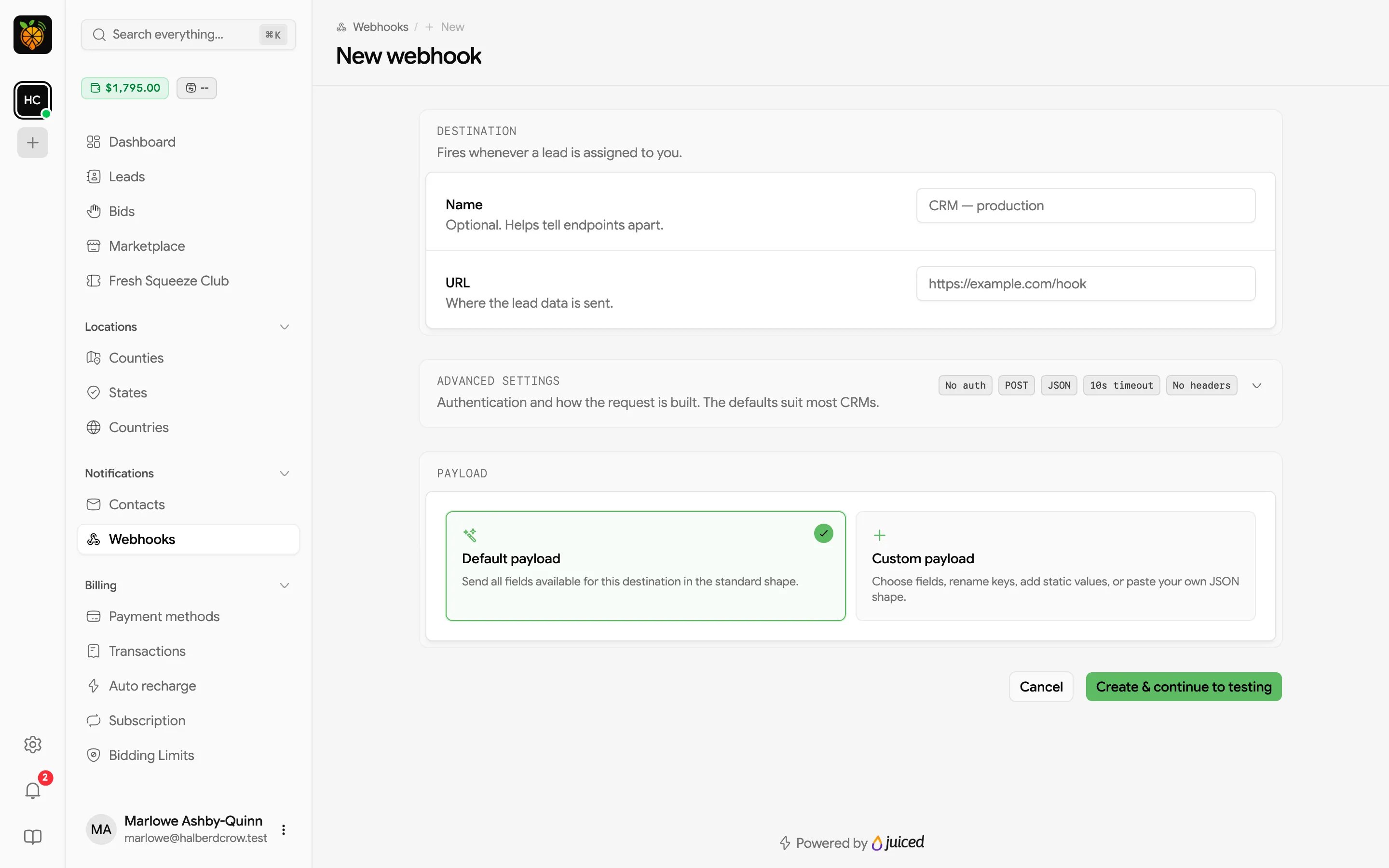 New webhook form with Destination, Advanced settings, and Payload sections
