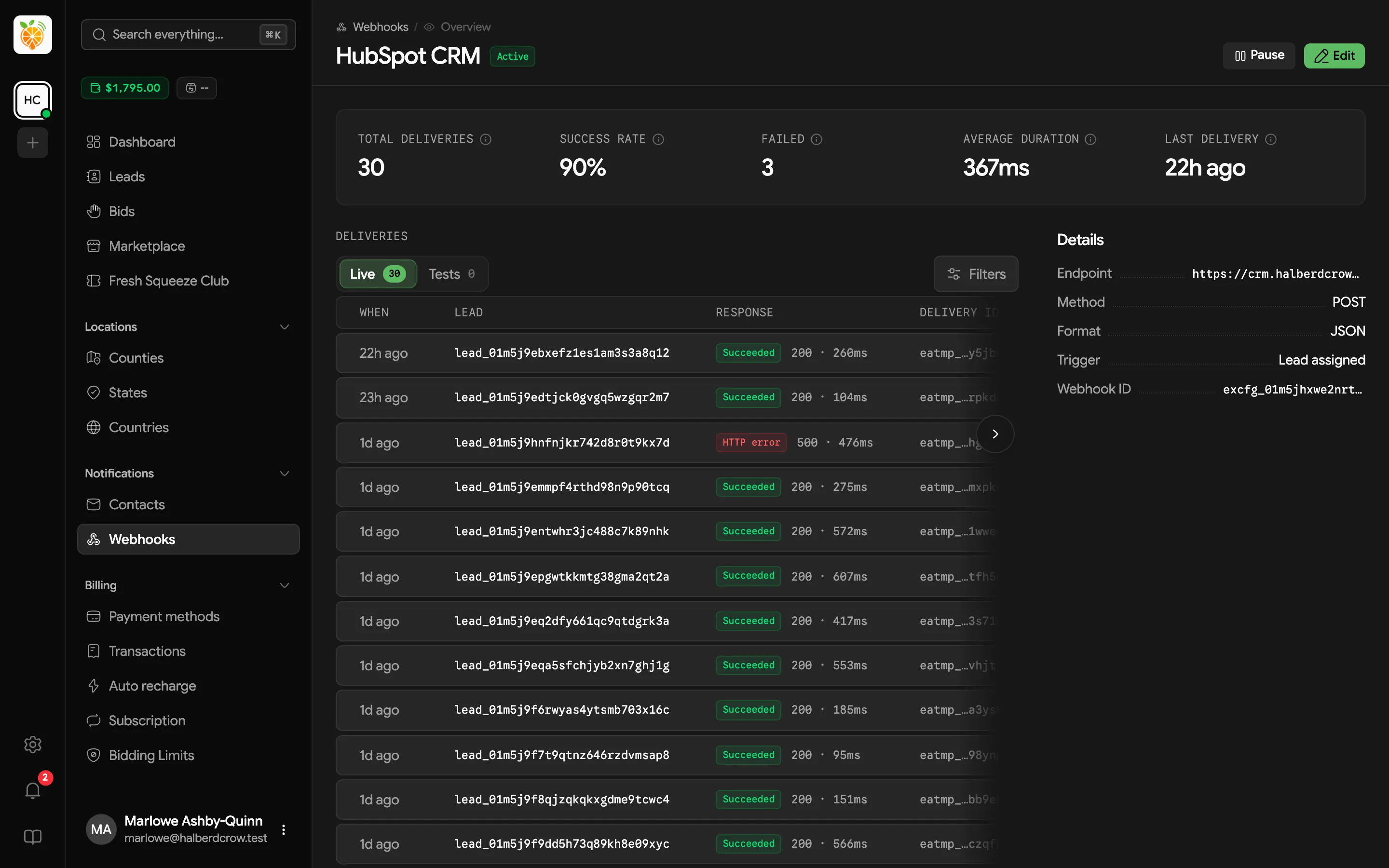 Webhook overview with delivery stats, a delivery history table with response codes and durations, and the webhook's details