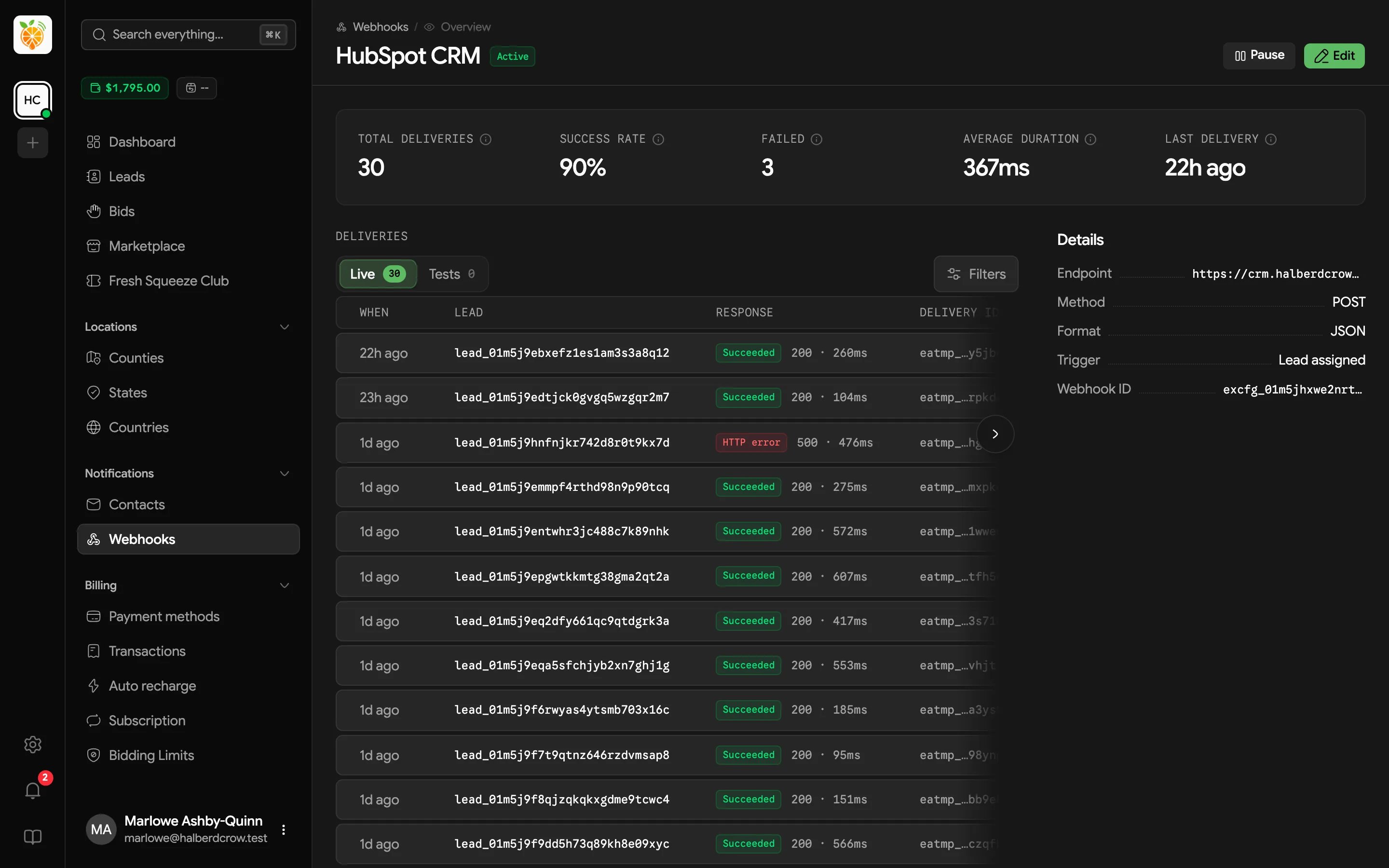Webhook overview with delivery stats, a delivery history table with response codes and durations, and the webhook's details