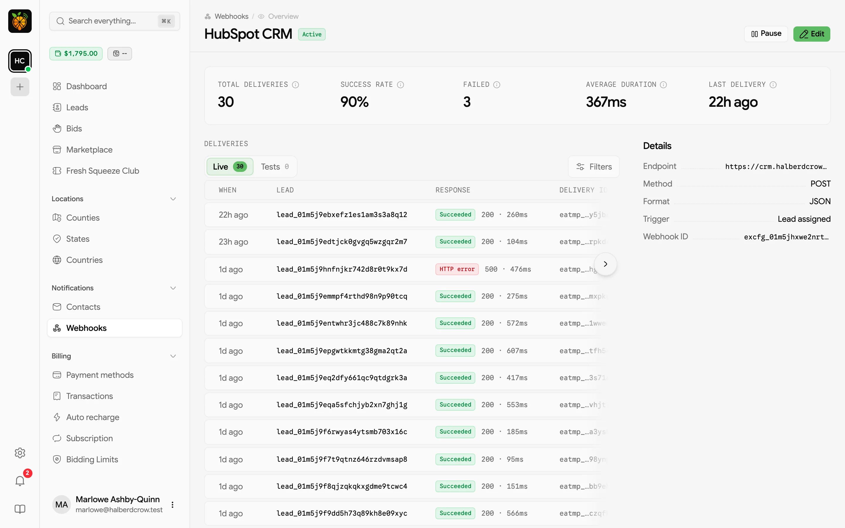 Webhook overview with delivery stats, a delivery history table with response codes and durations, and the webhook's details