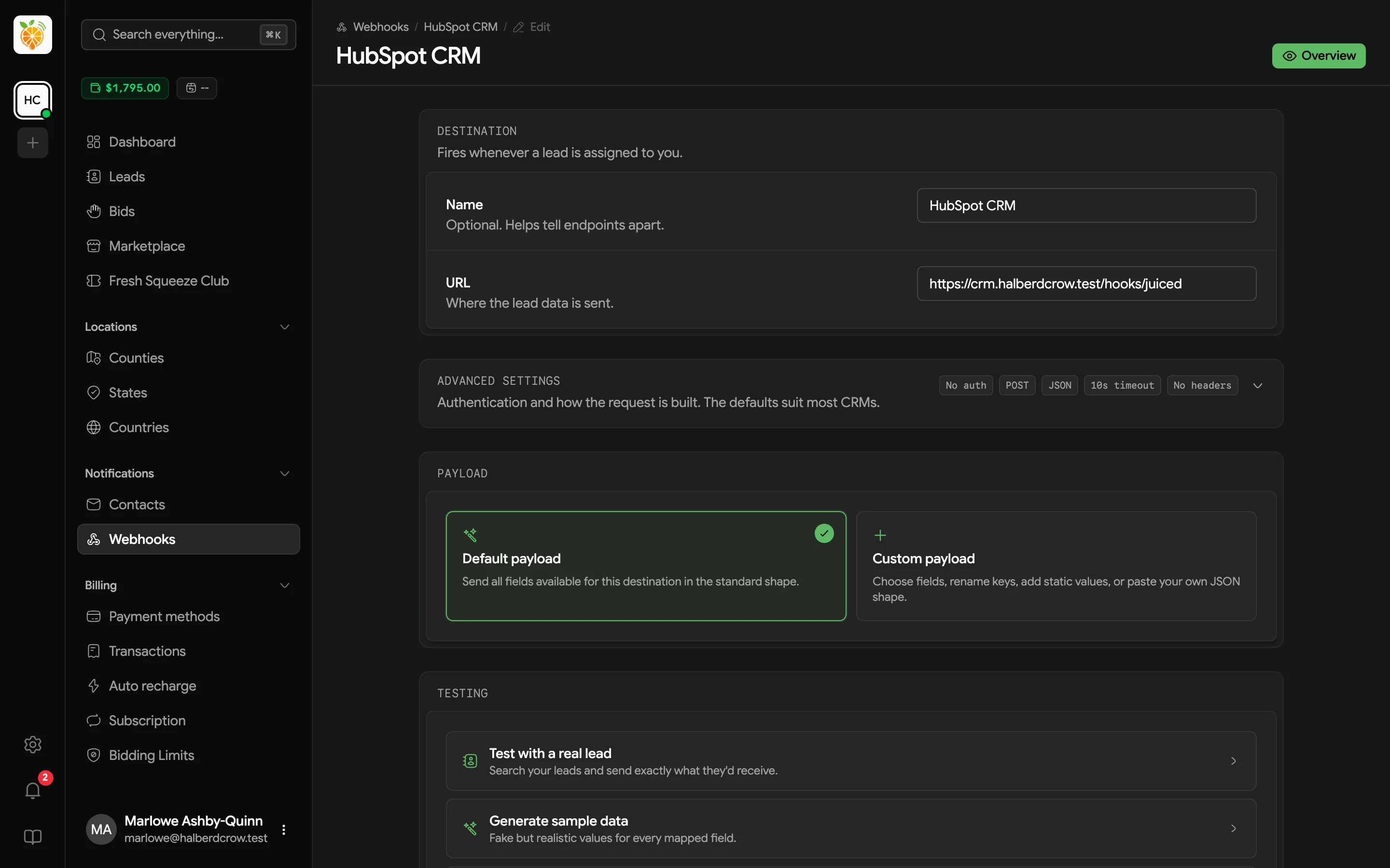 Webhook edit page with Destination, Advanced settings summary, Payload choice, and Testing options