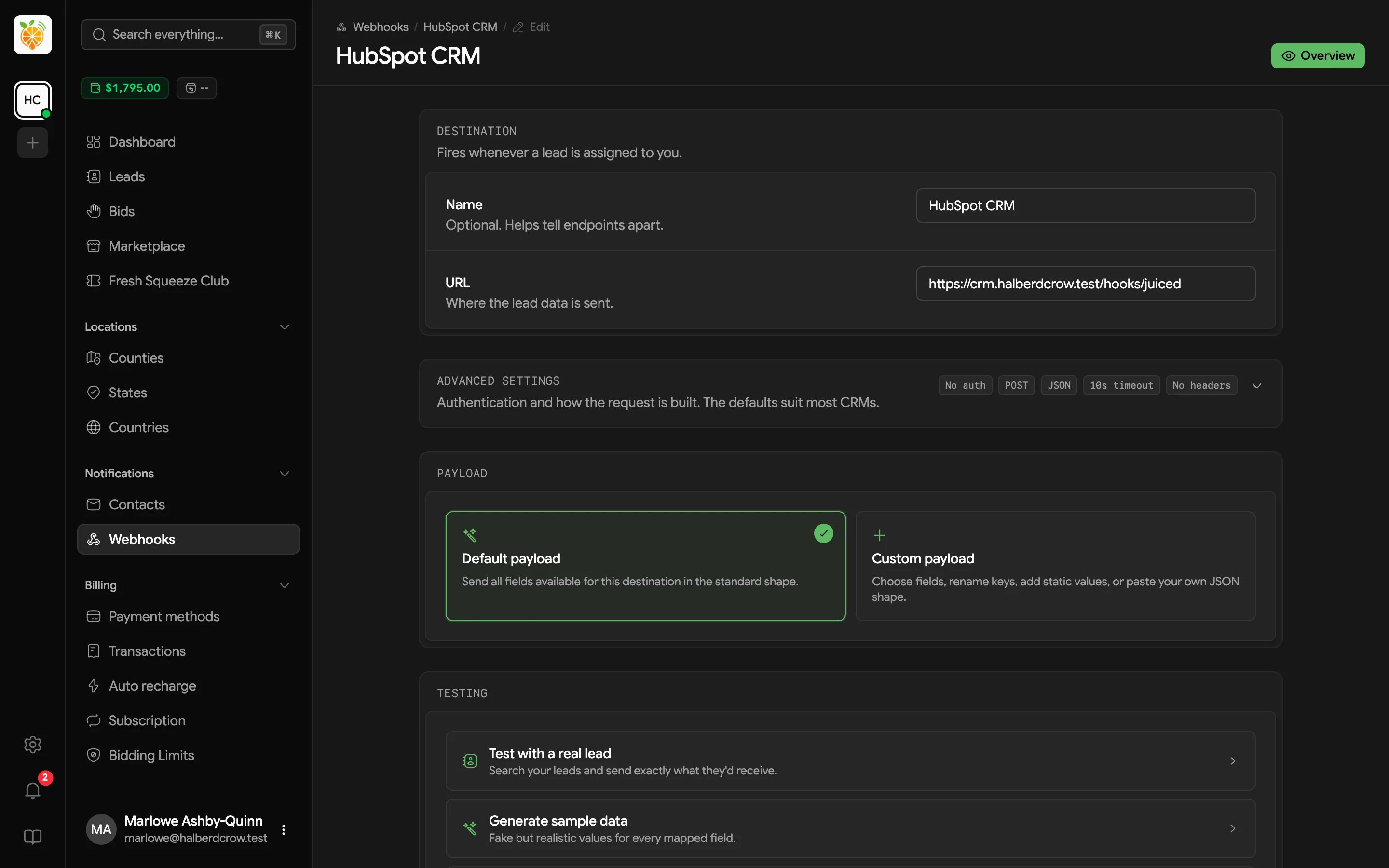 Webhook edit page with Destination, Advanced settings summary, Payload choice, and Testing options