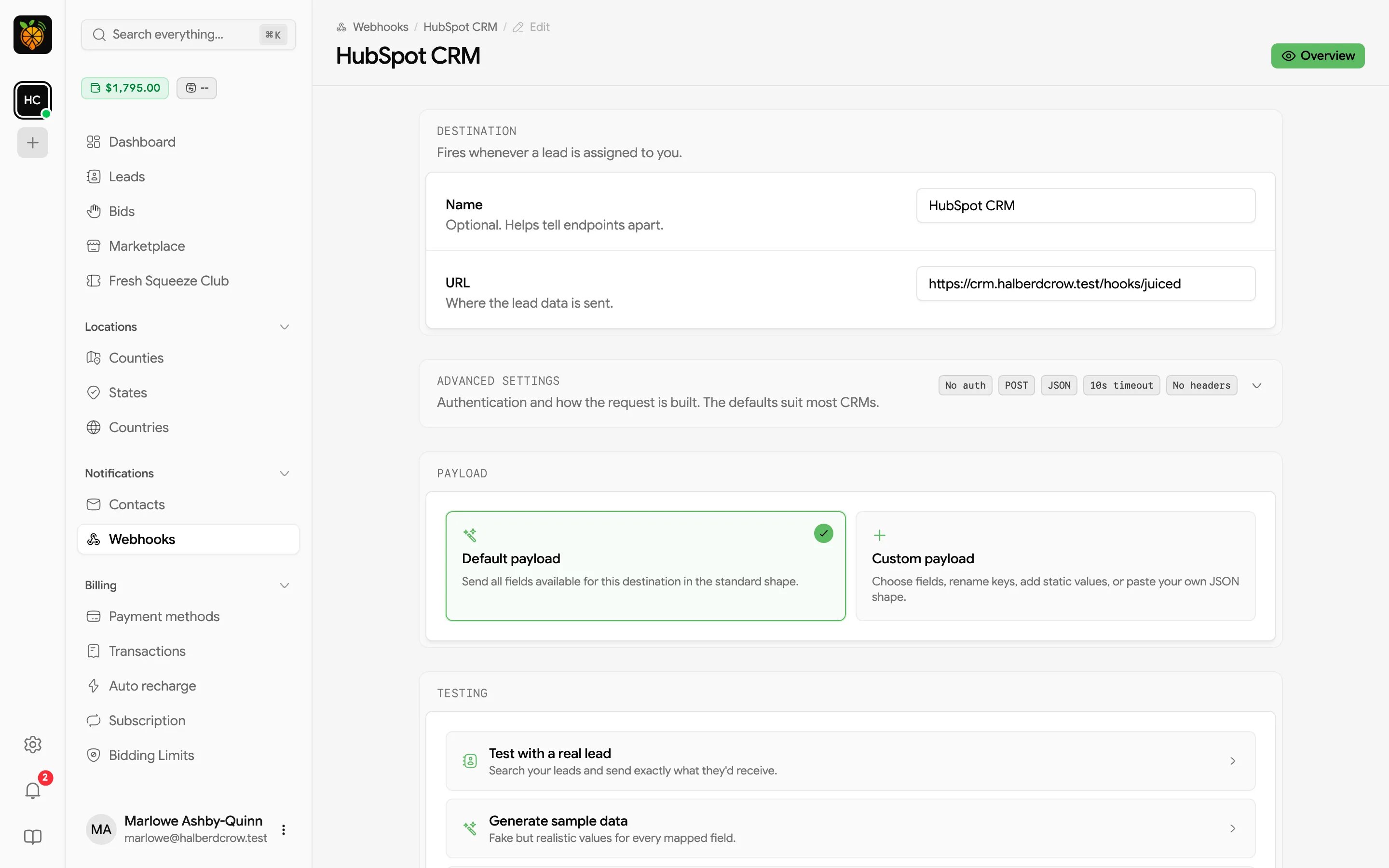 Webhook edit page with Destination, Advanced settings summary, Payload choice, and Testing options