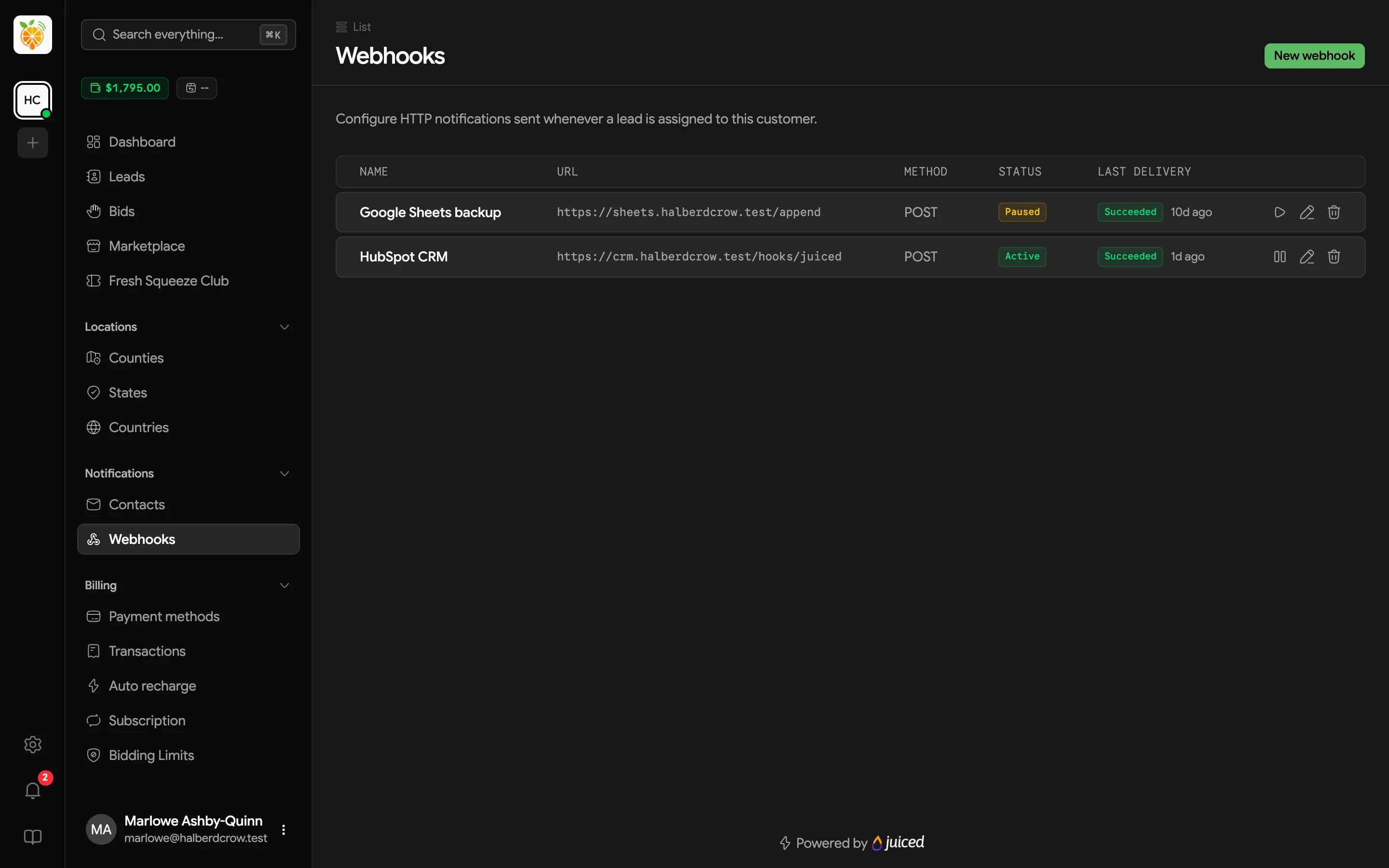 Webhooks table listing each webhook's name, URL, method, status, and last delivery