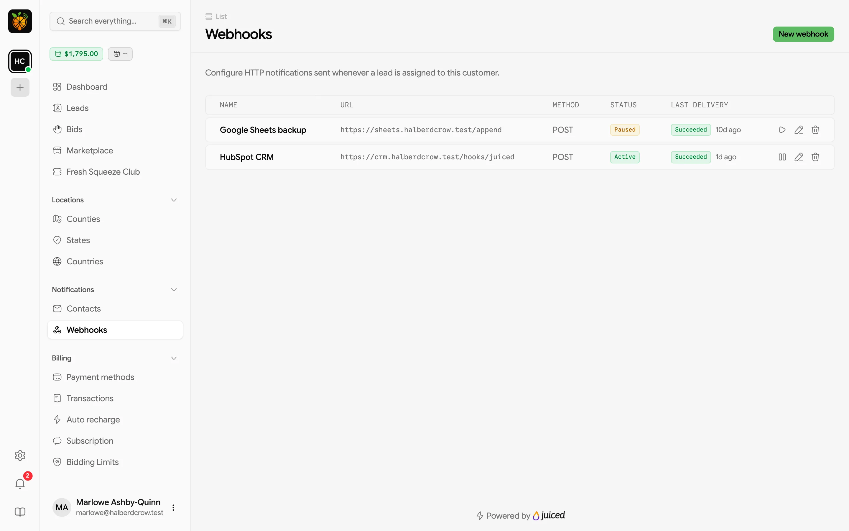 Webhooks table listing each webhook's name, URL, method, status, and last delivery