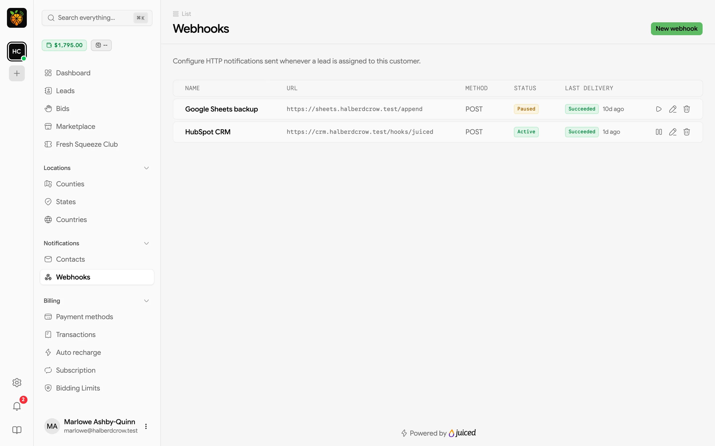 Webhooks table listing each webhook's name, URL, method, status, and last delivery