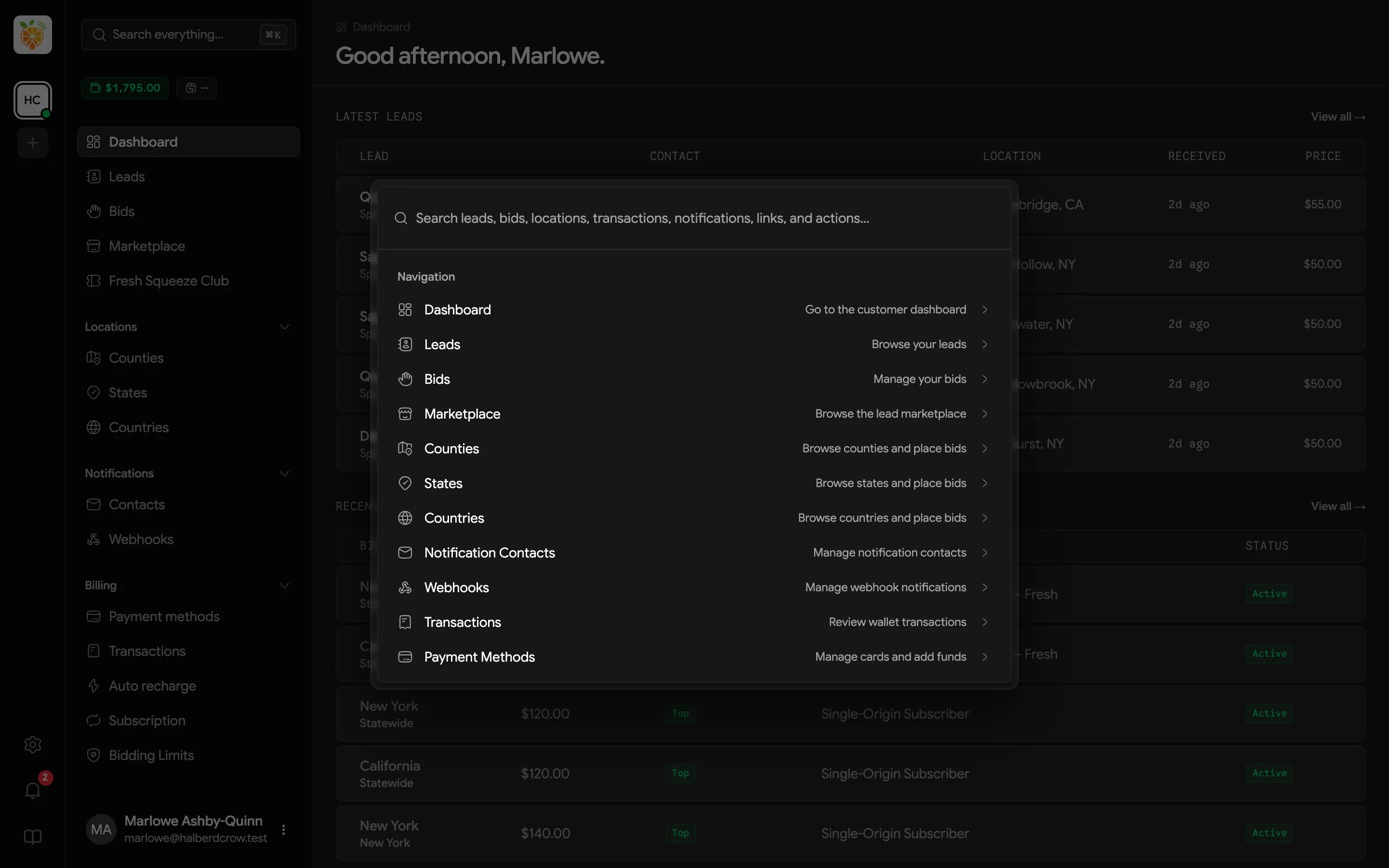 Search dialog open over the dashboard, listing navigation shortcuts above a search field