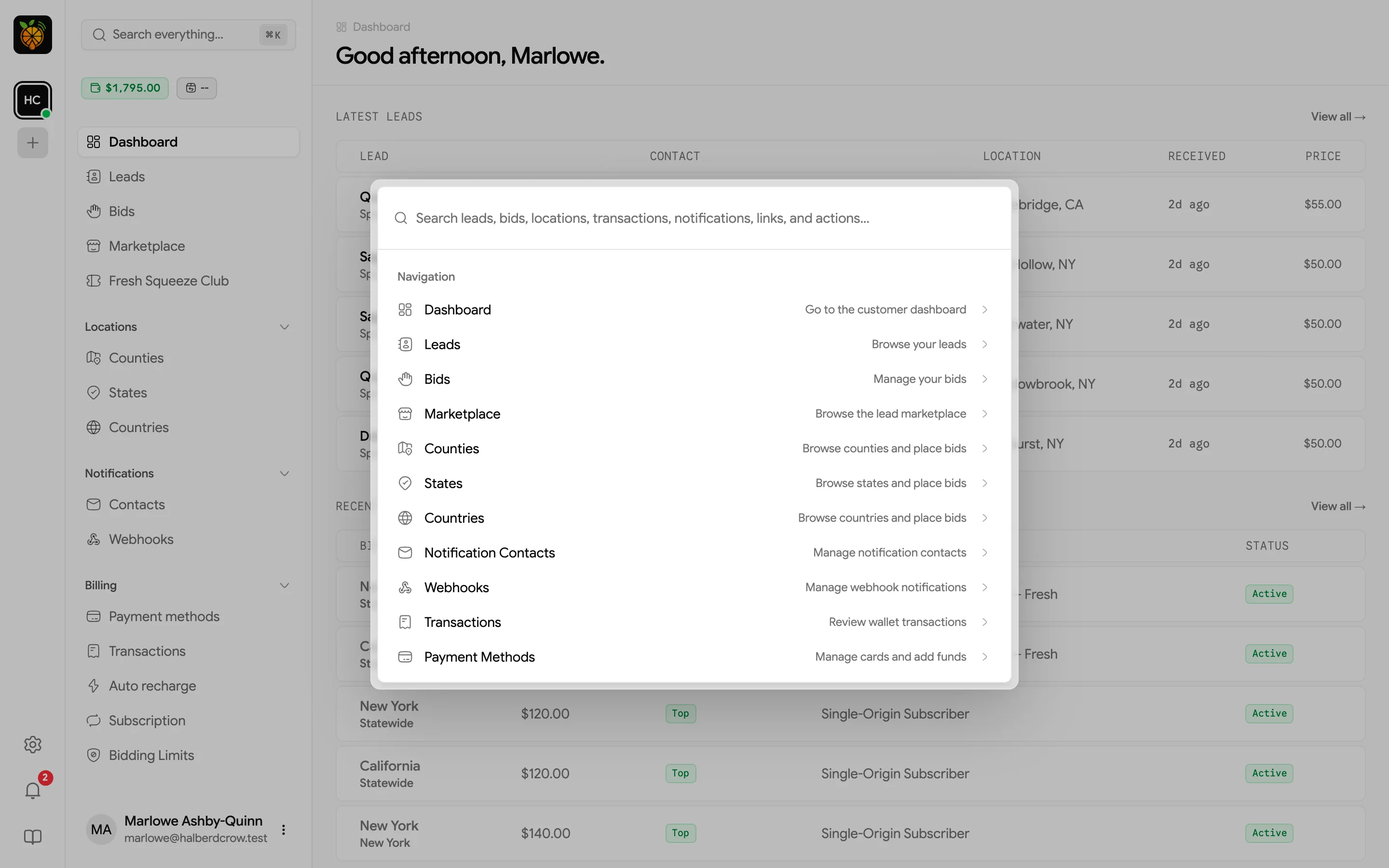 Search dialog open over the dashboard, listing navigation shortcuts above a search field