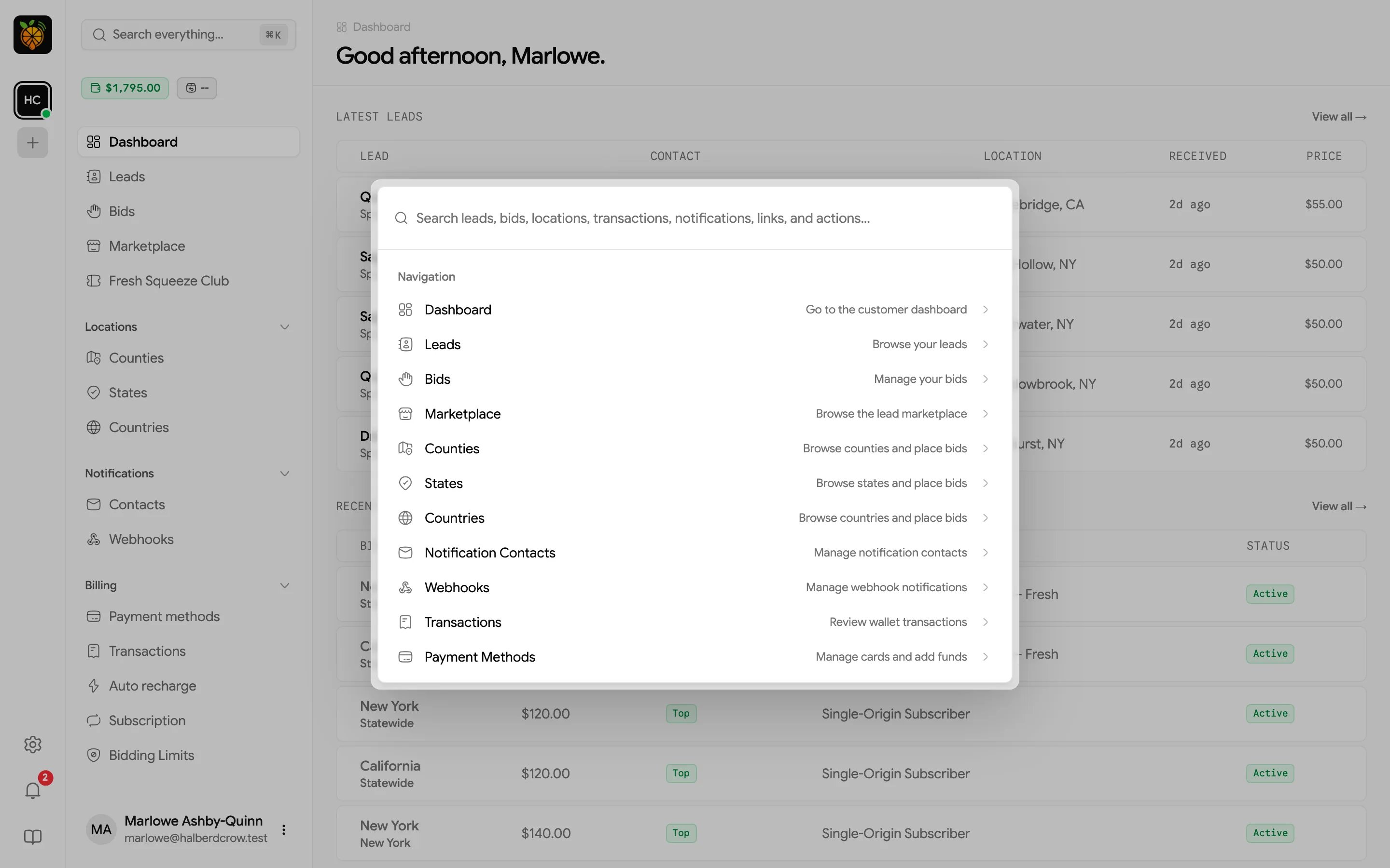 Search dialog open over the dashboard, listing navigation shortcuts above a search field