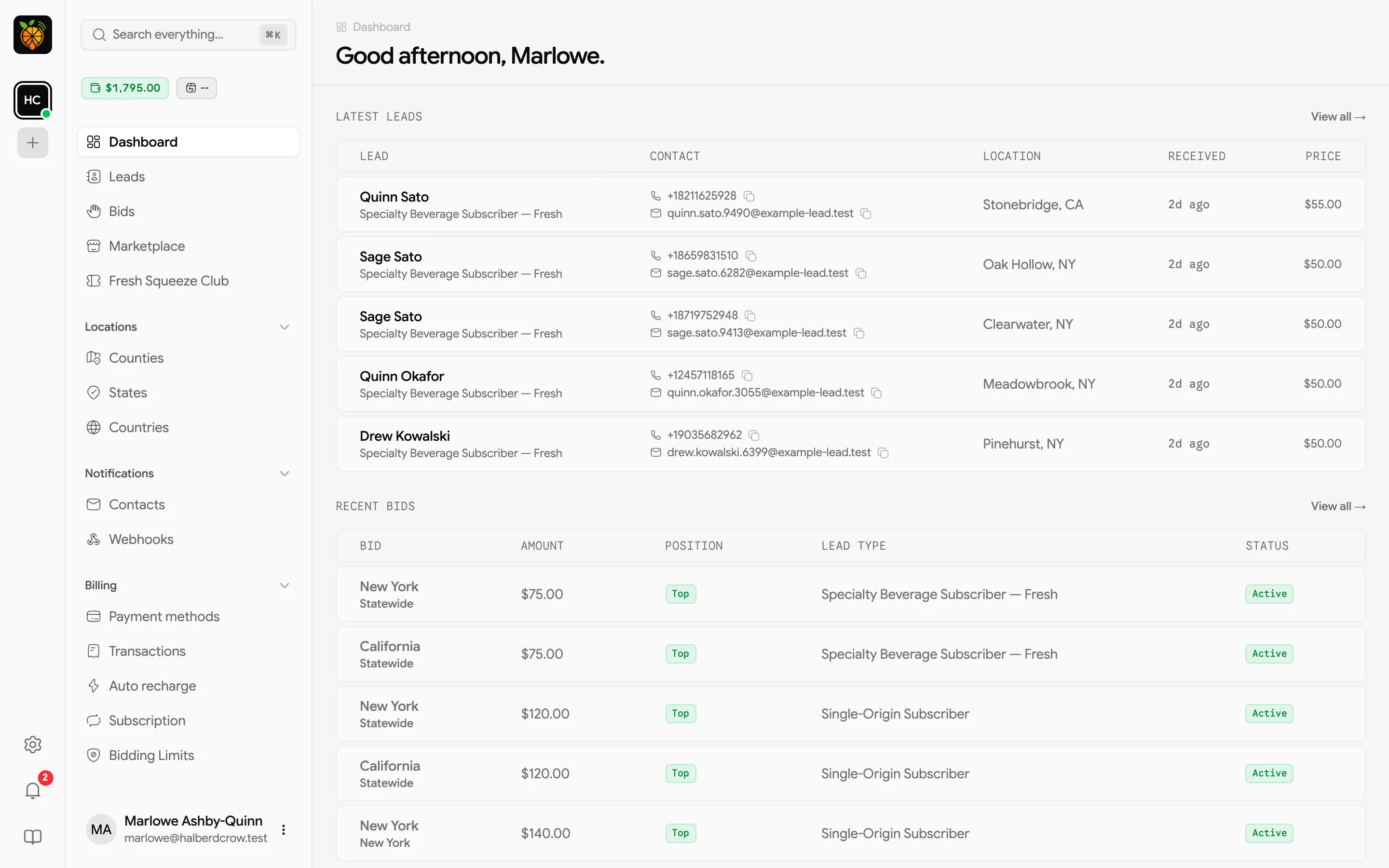 Dashboard with a greeting, a Latest leads table, and a Recent bids table