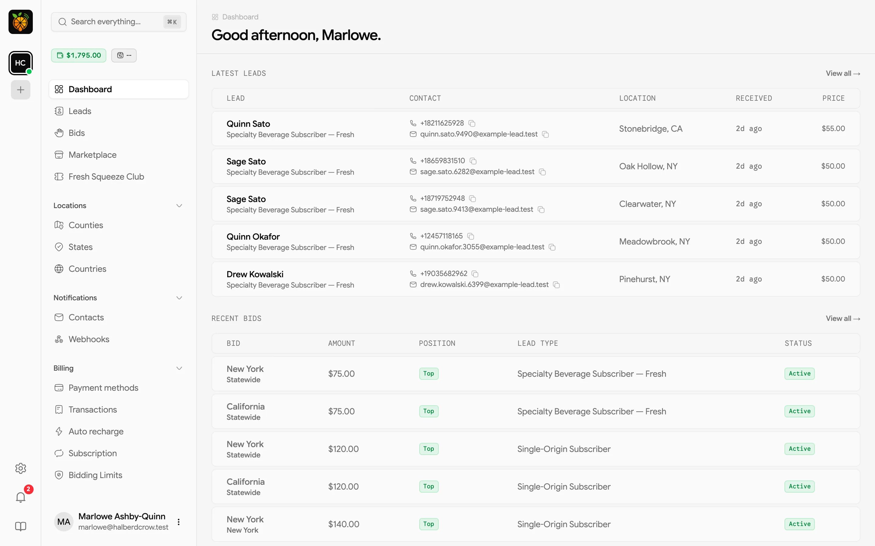 Dashboard with a greeting, a Latest leads table, and a Recent bids table