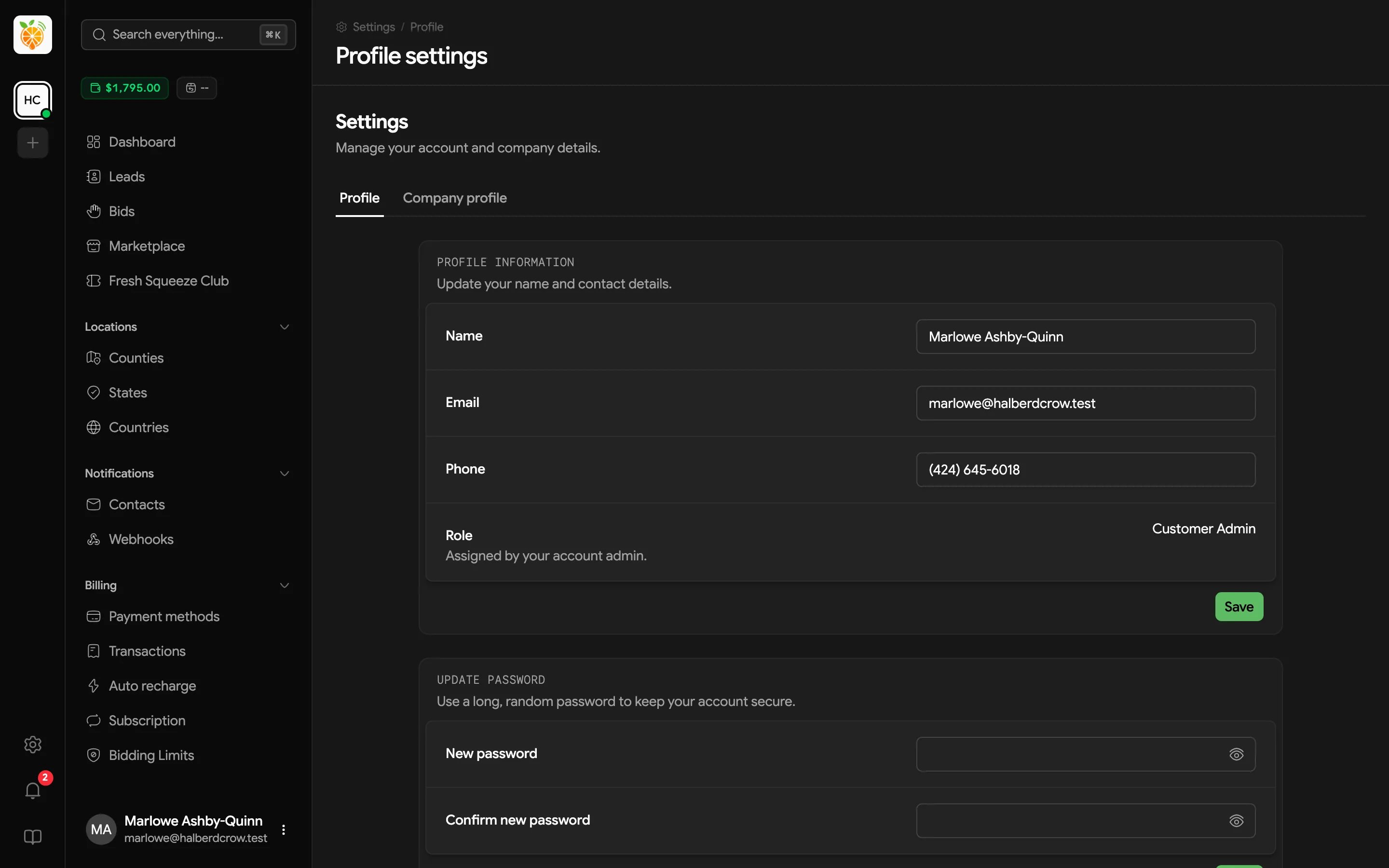 Profile settings with Profile and Company profile tabs, profile information fields for name, email, phone, and role, and an Update password section