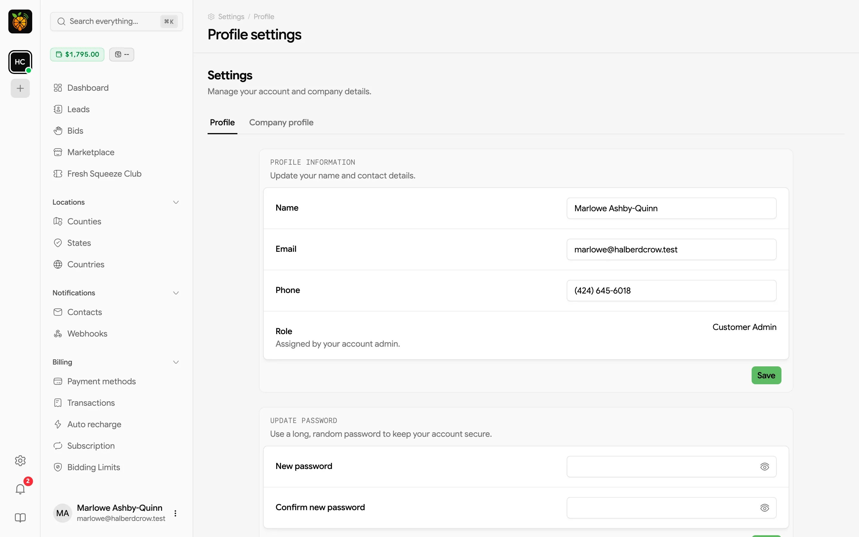 Profile settings with Profile and Company profile tabs, profile information fields for name, email, phone, and role, and an Update password section