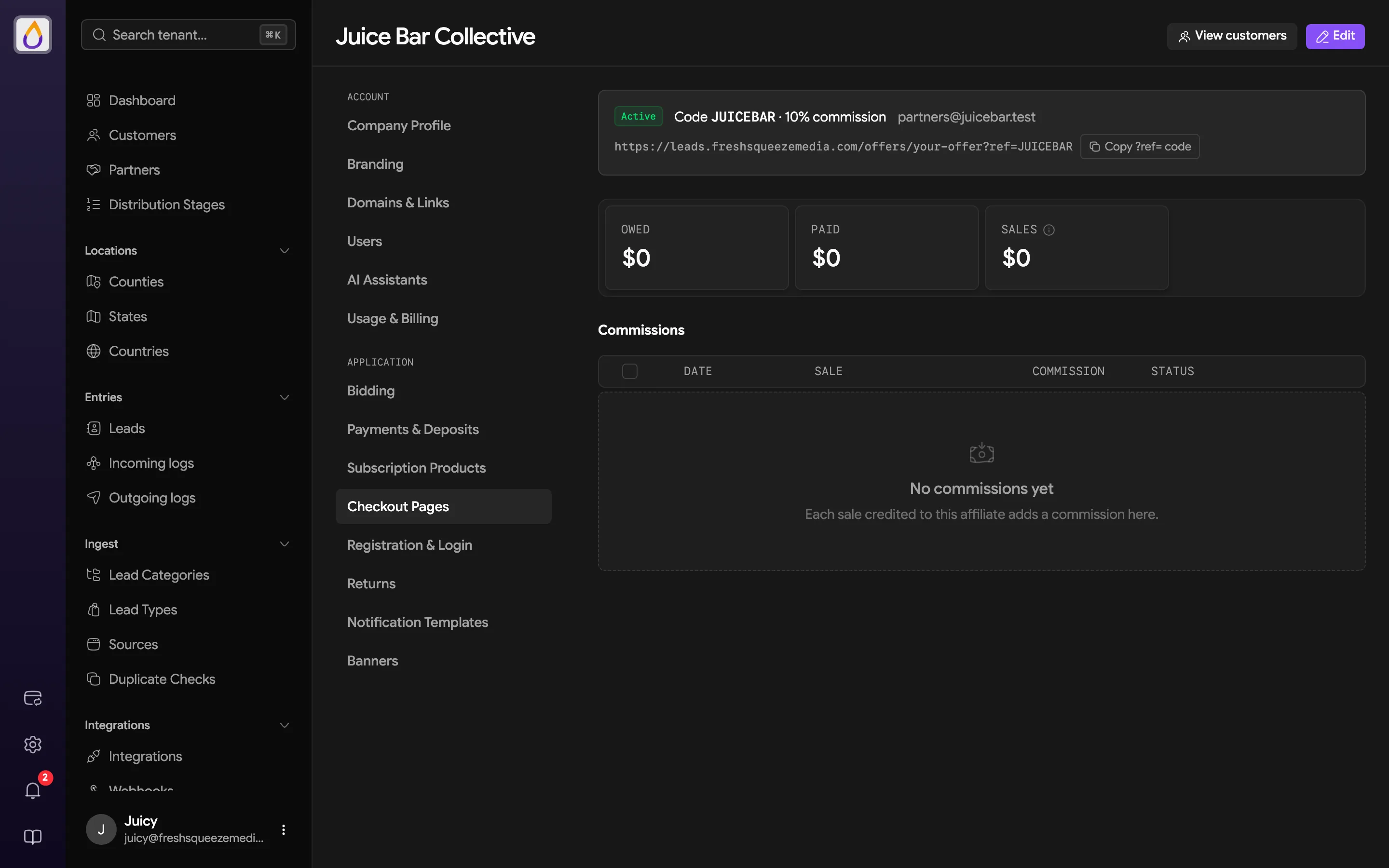 Affiliate detail with Owed, Paid, and Sales stats and a list of commissions with date, sale, amount, and status