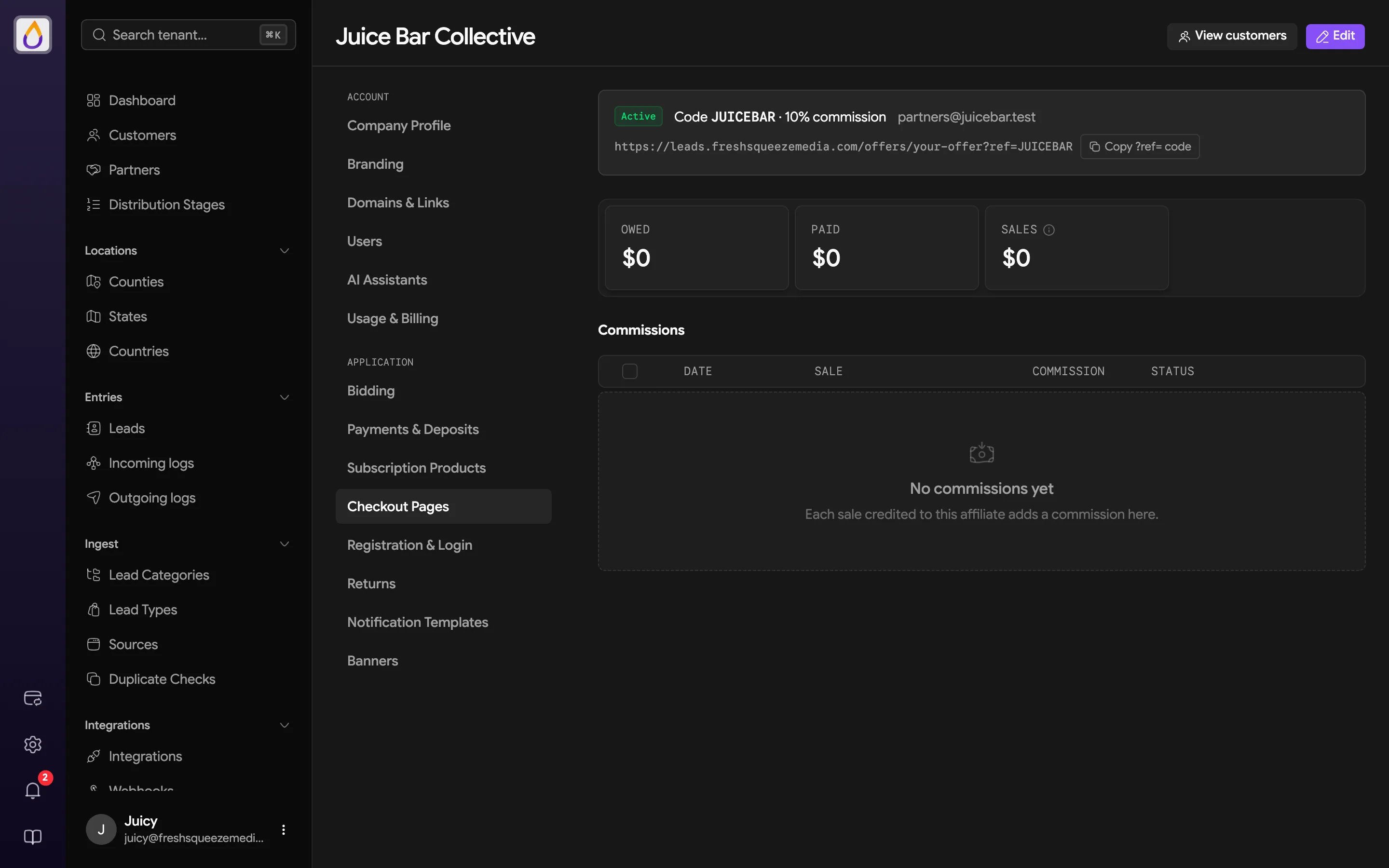 Affiliate detail with Owed, Paid, and Sales stats and a list of commissions with date, sale, amount, and status