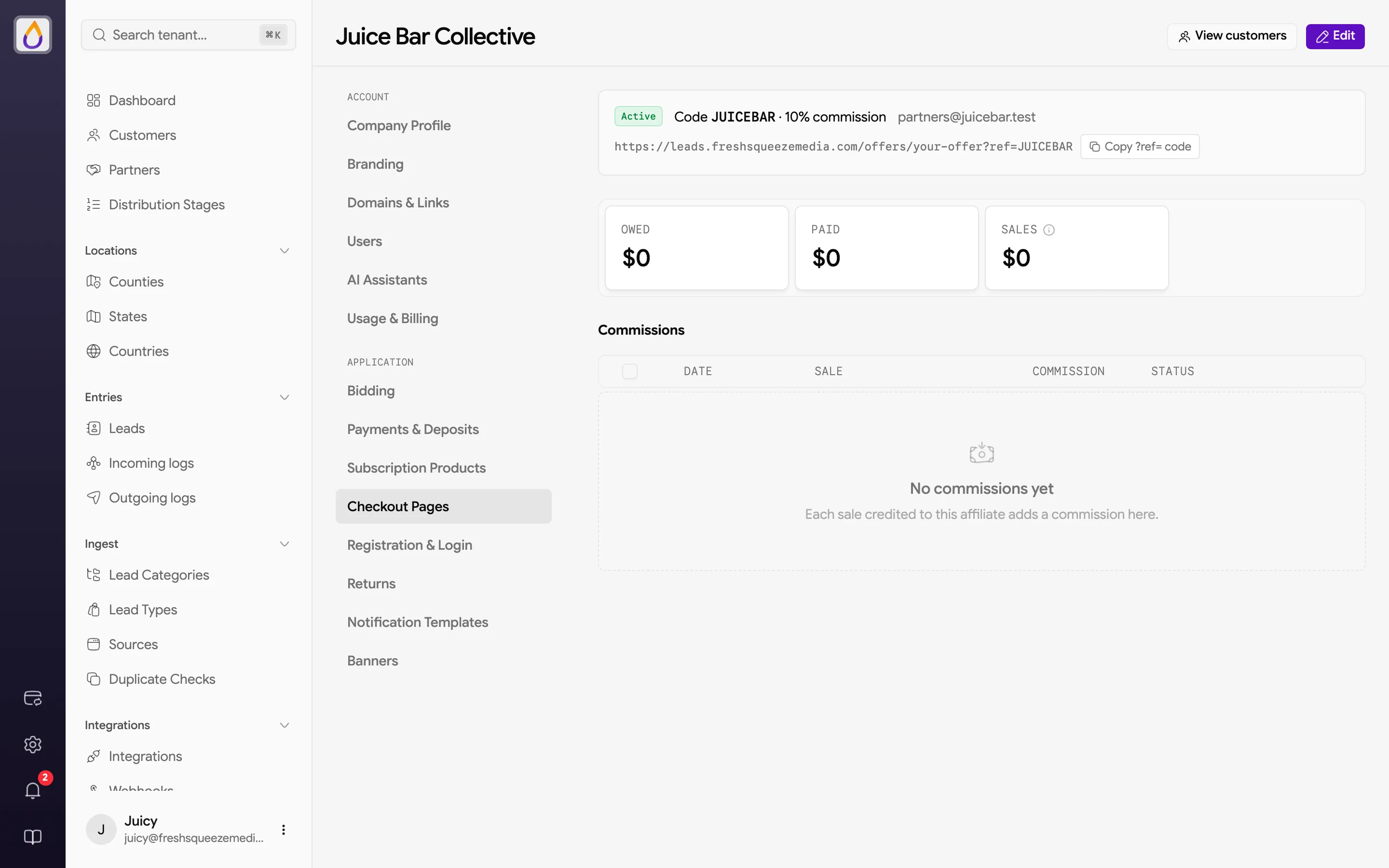 Affiliate detail with Owed, Paid, and Sales stats and a list of commissions with date, sale, amount, and status