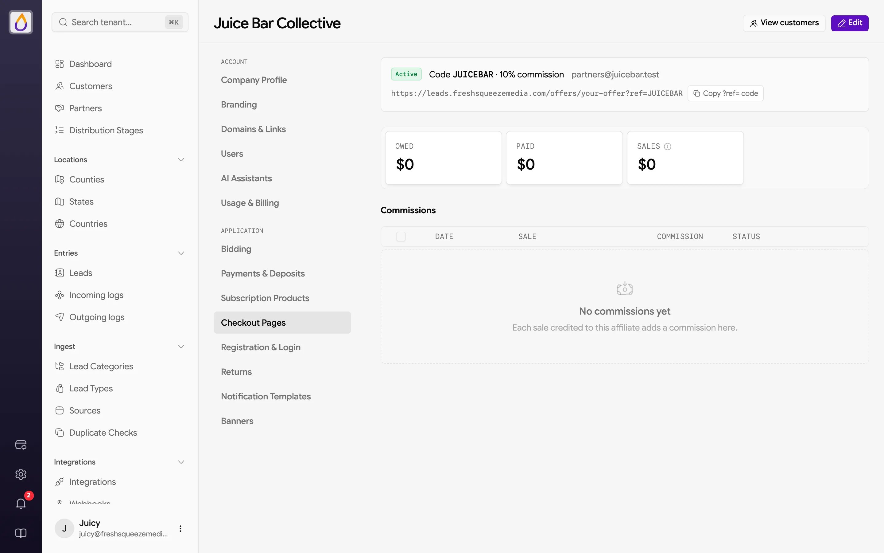 Affiliate detail with Owed, Paid, and Sales stats and a list of commissions with date, sale, amount, and status